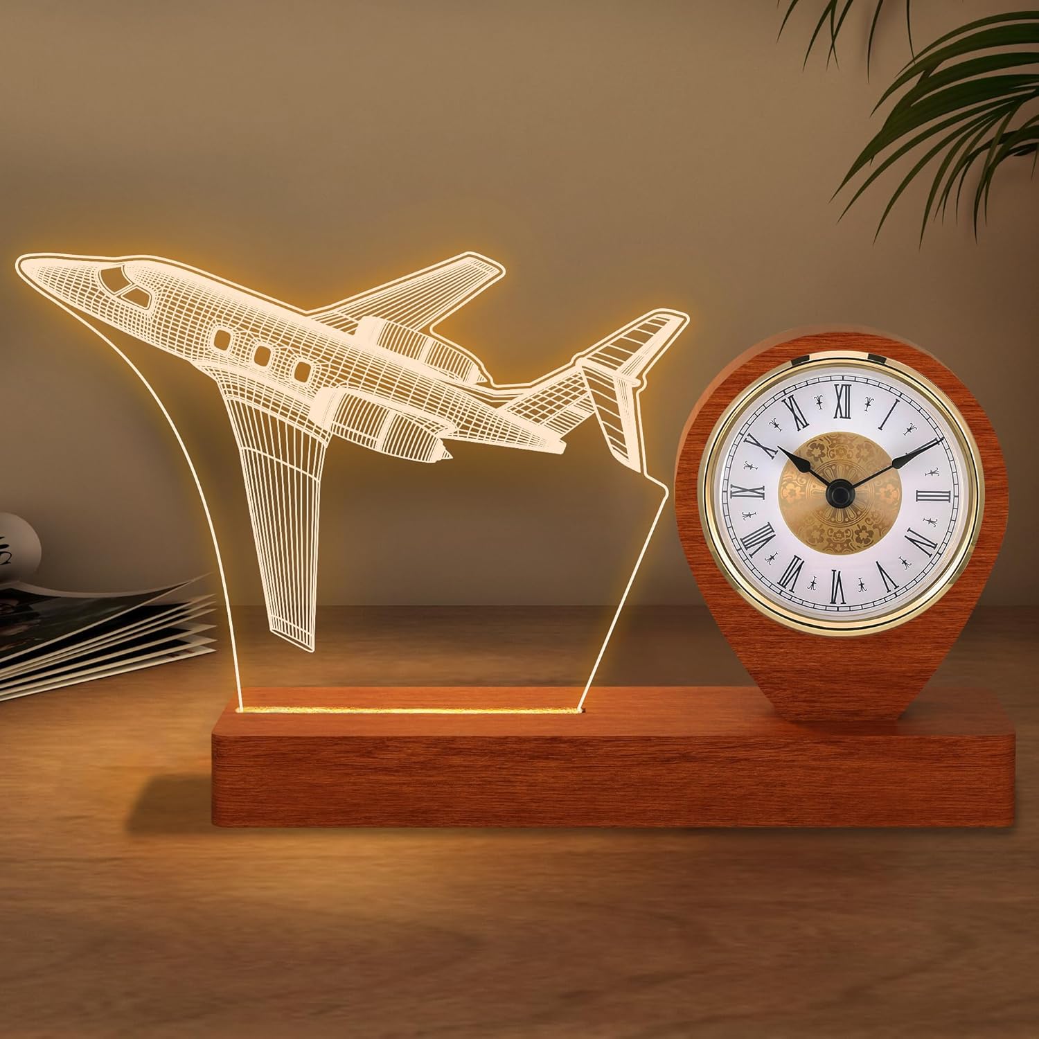 Airplane Model Quartz Clock for Boys Men Pilot Gifts, Airplane Night Light with Desk Table Clock for Aviation Lovers Room Decor,Aircraft Lamp for Kids Birthday Xmas Gifts