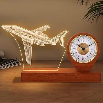 OkiyiD Airplane Model Quartz Clock for Boys Men Pilot Gifts, Airplane Night Light with Desk Table Clock for Aviation Lovers Room Decor,Aircraft Lamp for Kids Birthday Xmas Gifts
