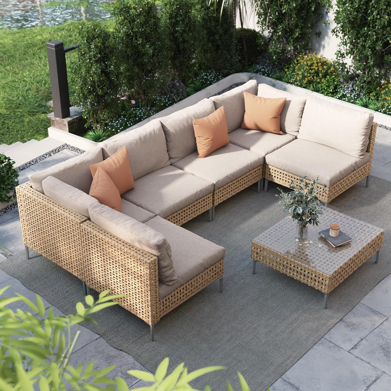 Grand patio 7-Piece Wicker Patio Furniture Set, Boho Outdoor Conversation Set Se…