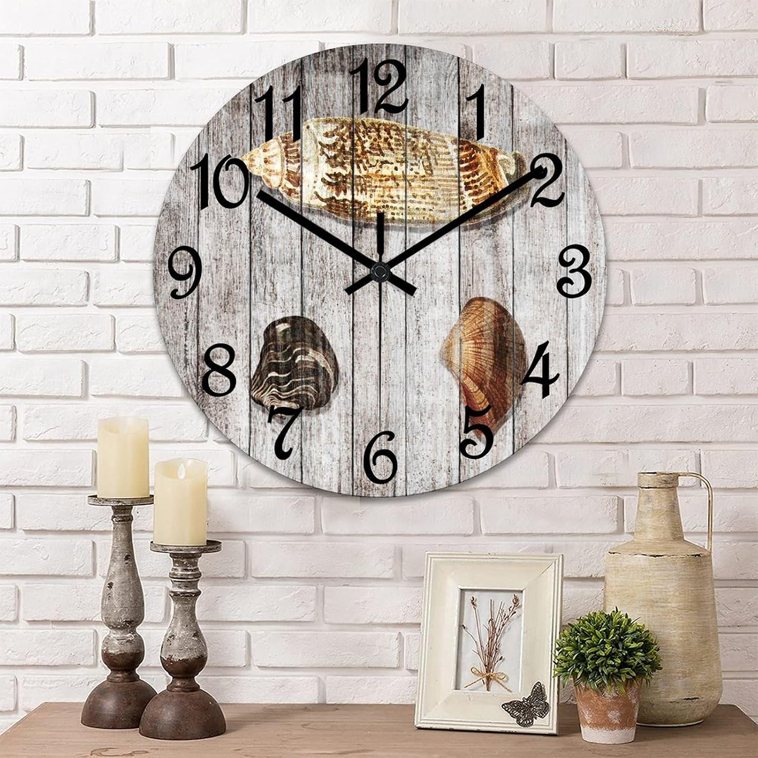 Conch Shells Starfish Wall Clock Ocean Time Nautical Wooden Wall Clocks Battery Operated 15 Inch Non-Ticking Retro Cabin Wall Decor for Kitchen Bedroom Living Room Office