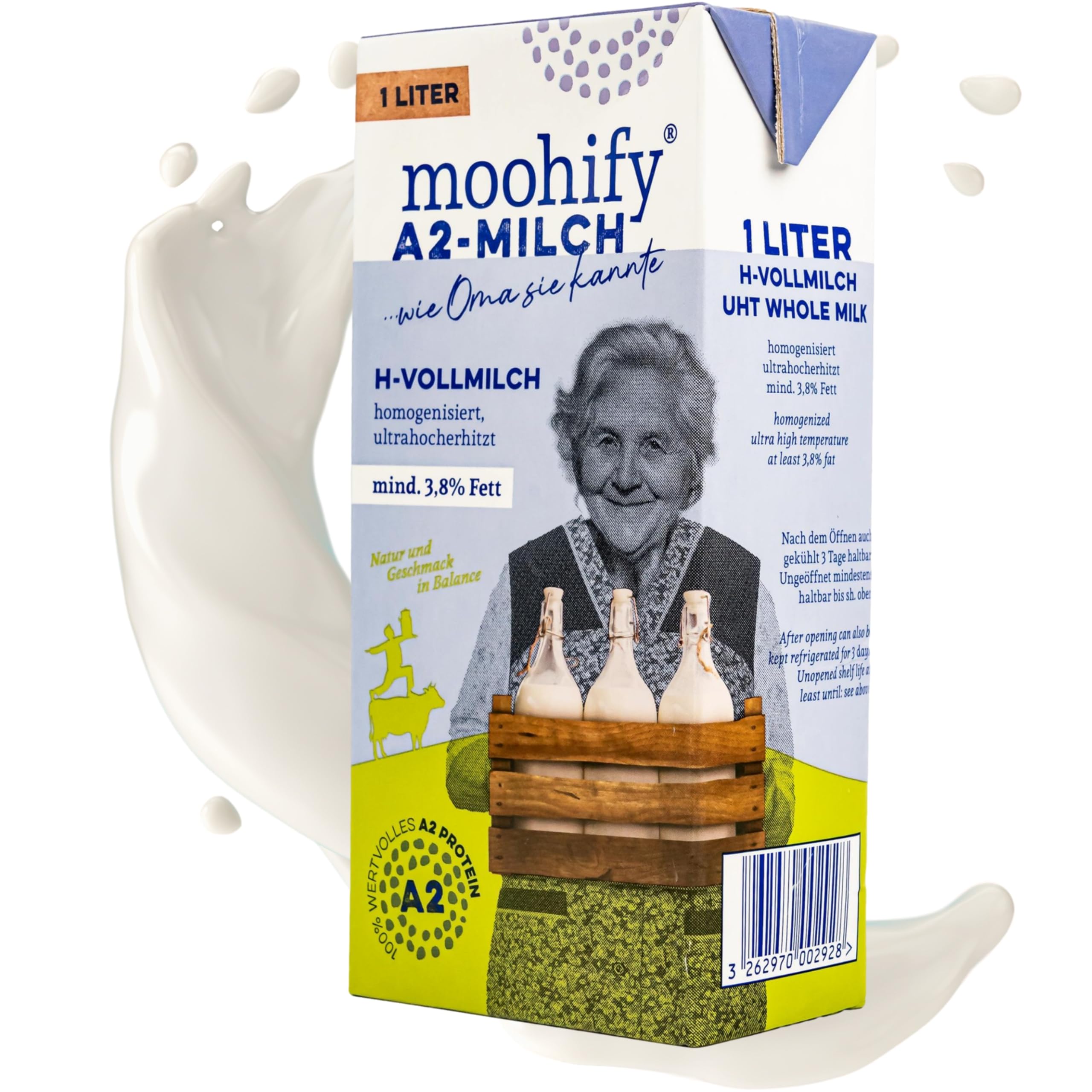 A2 Wohlfühl-Milch H-Vollmilch 3,8% 1 Liter 12er Pack - Haltbare Proteinmilch Kuhmilch mit A2 Protein