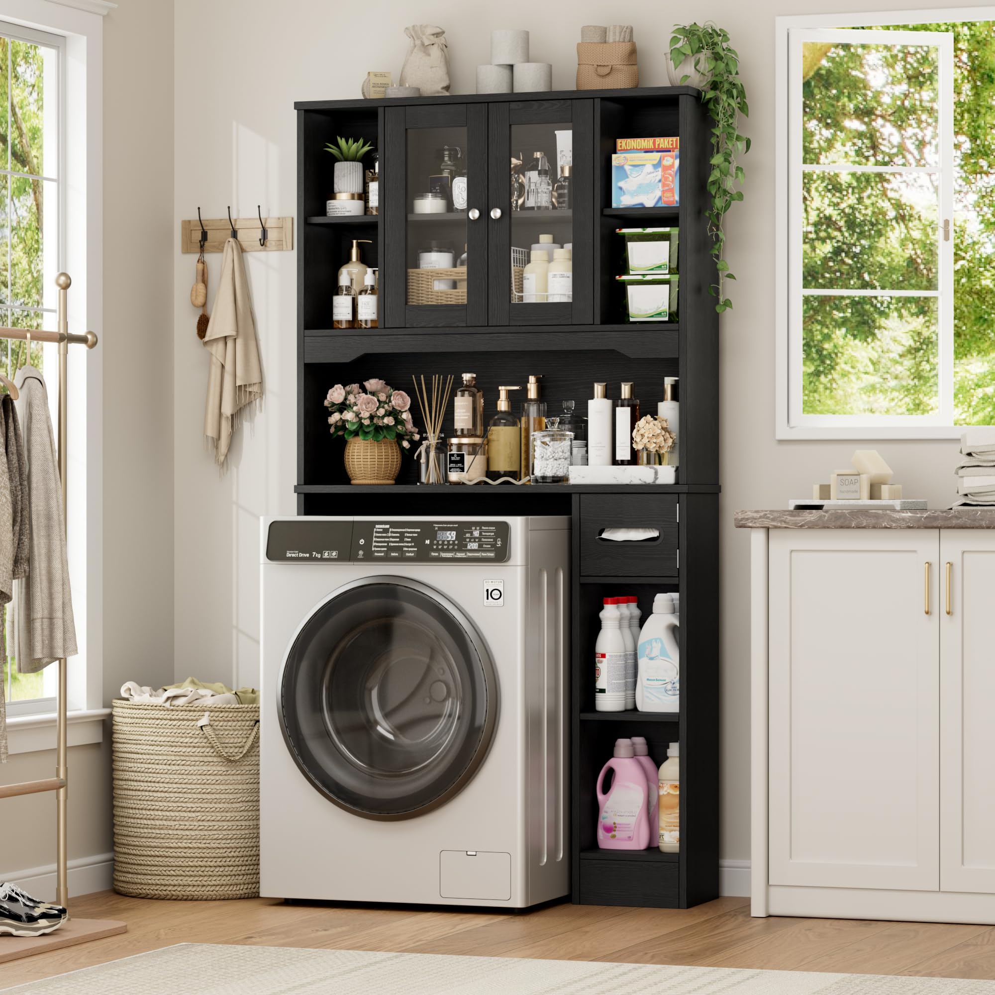 FOREHILL 173cm Mueble sobre Inodoro, Armario Baño, Gran Capacidad, Negro | Mueble Alto para Lavadora, Estanteria Baño, con Estante Ajustable, 2 Puertas, Soporte para Papel Higiénico, 89x20x173cm