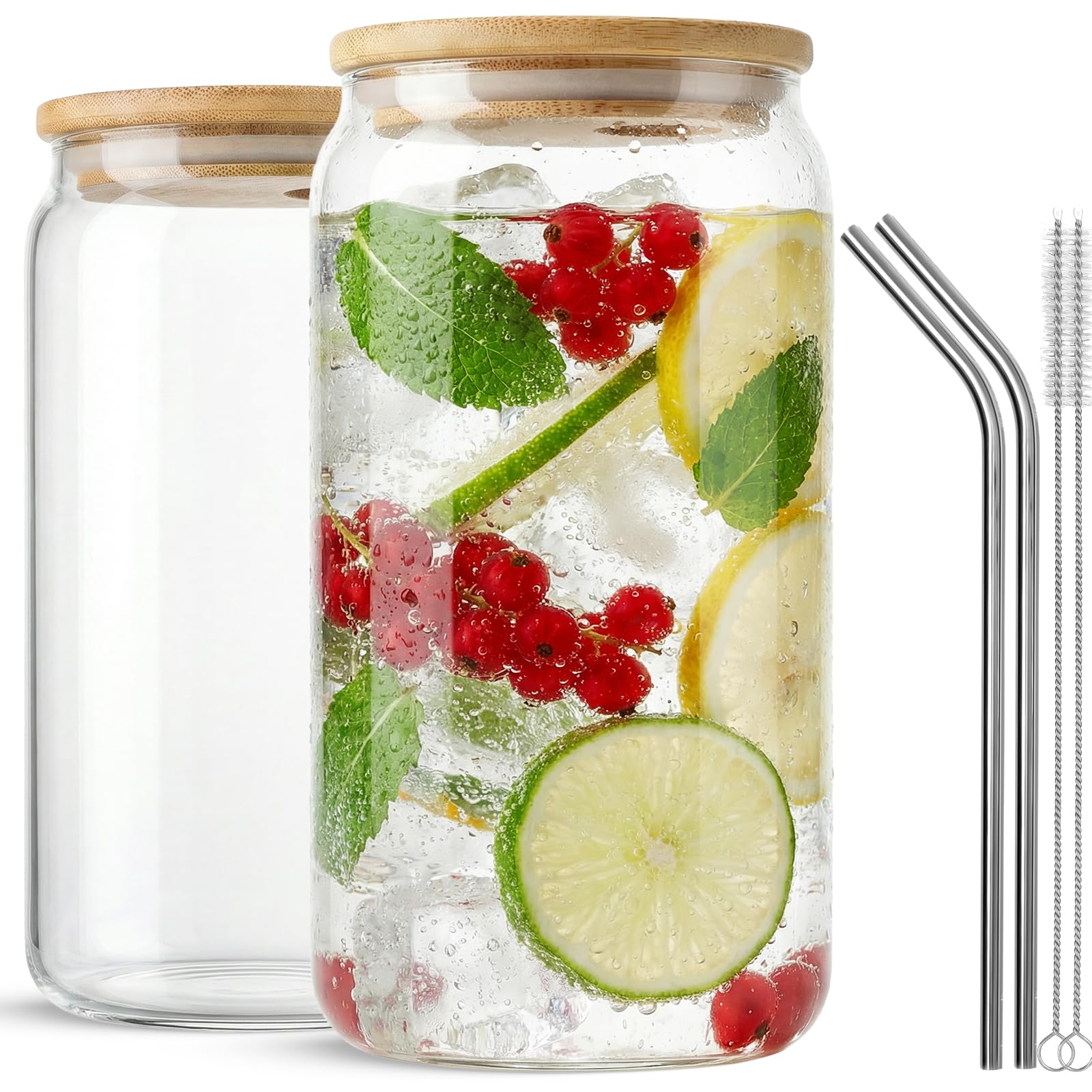 ASKIZ 2 Pcs Glass Cups With Bamboo Lids and Straws,16Oz Ice Coffee Cup,Drinking Glasses Cups Set,Water Bottles Glasses for Juicing,Beer,Coffee,Soda,
