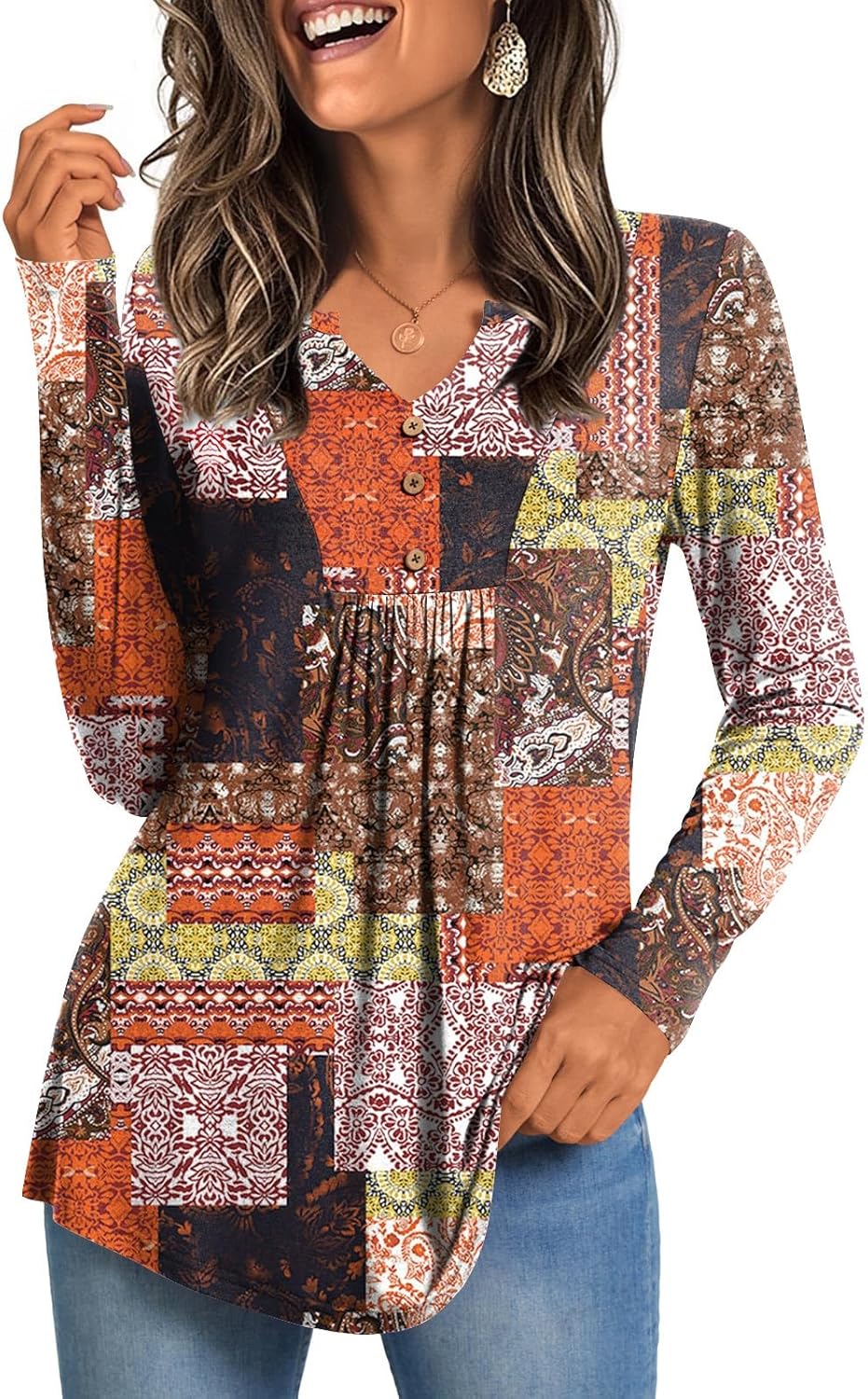 CATHY Womens Long Sleeve Tops 2025 Fall Fashion Henley Shirts Dressy Casual Pleated Tunic V-neck Button Down Blouses