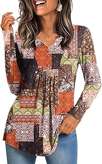 Blusas de manga larga para mujer, estilo Henley, para otoño, estilo casual, plisadas, con cuello en V, con botones