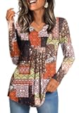Womens Long Sleeve Tops 2025 Fall Fashion Henley Shirts Dressy Casual Pleated Tunic V-neck Button Down Blouses