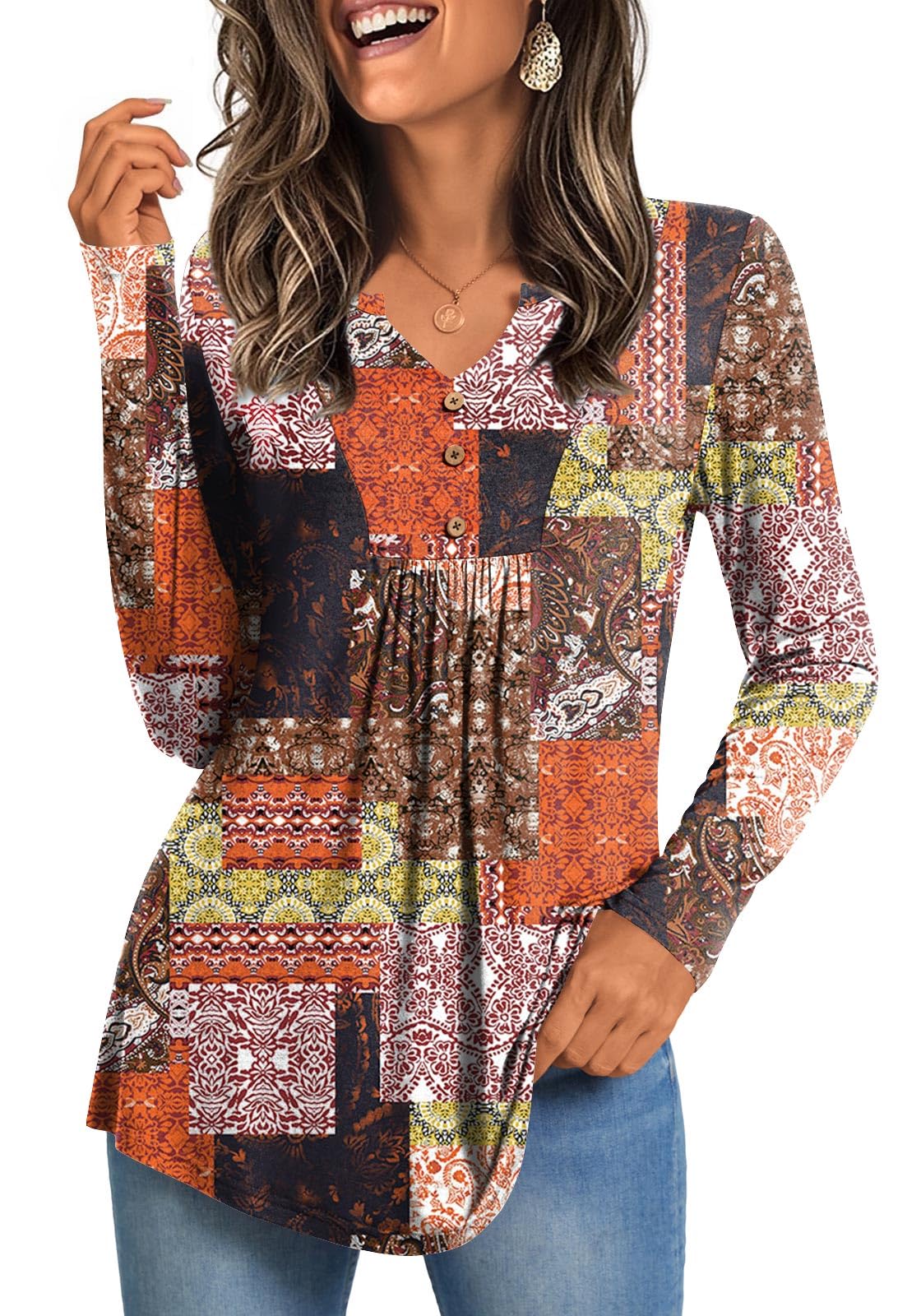 CATHY Womens Long Sleeve Tops 2025 Fall Fashion Henley Shirts Dressy Casual Pleated Tunic V-neck Button Down Blouses
