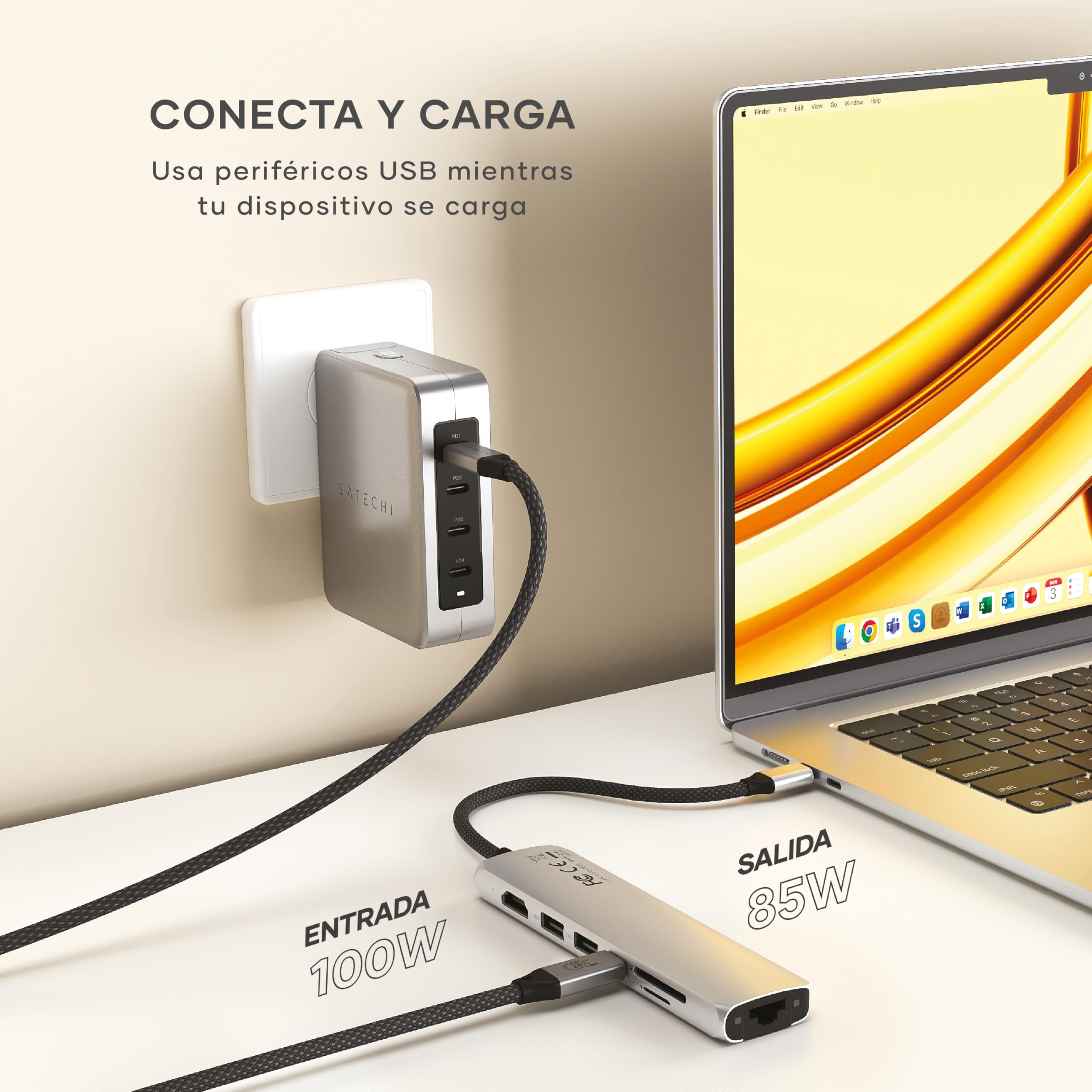 SATECHI 7 en 1 Hub USB C Slim Plus Adaptador Multipuerto con Ethernet, Carga PD 100W, HDMI 4K@60Hz, 2X Puertos USB-A 10Gbps y SD/microSD para MacBook Air/Pro/Neo, PC Portatil y más – Plata