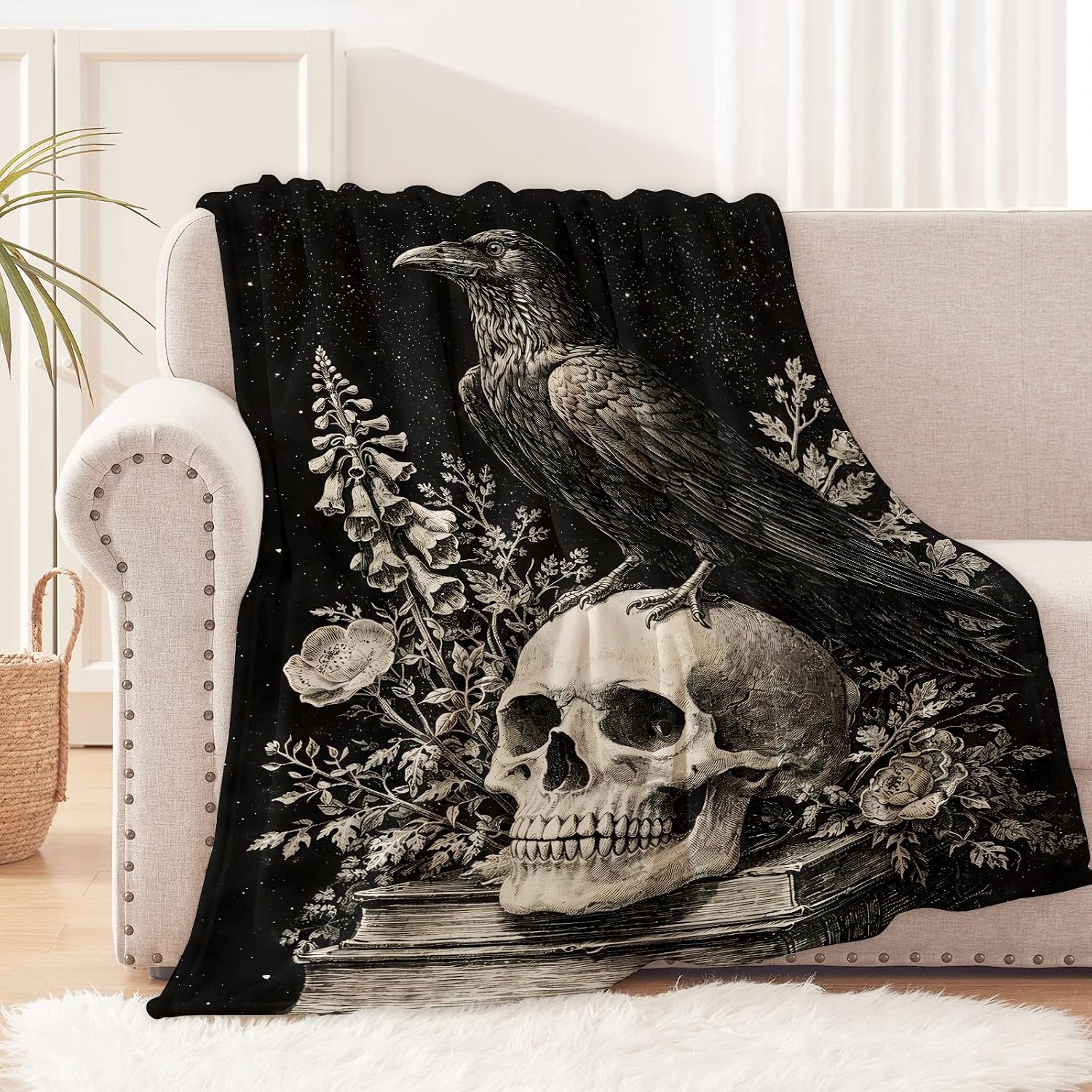 Raven Skull Blanket for Gothic and Dark Nature Lovers, Vintage Skeleton Book Flannel Blankets, Goth Art Gifts, Soft Warm Cozy Throws for Sofa Couch Bed Living Room Bedroom Home Decor 60" x 50"