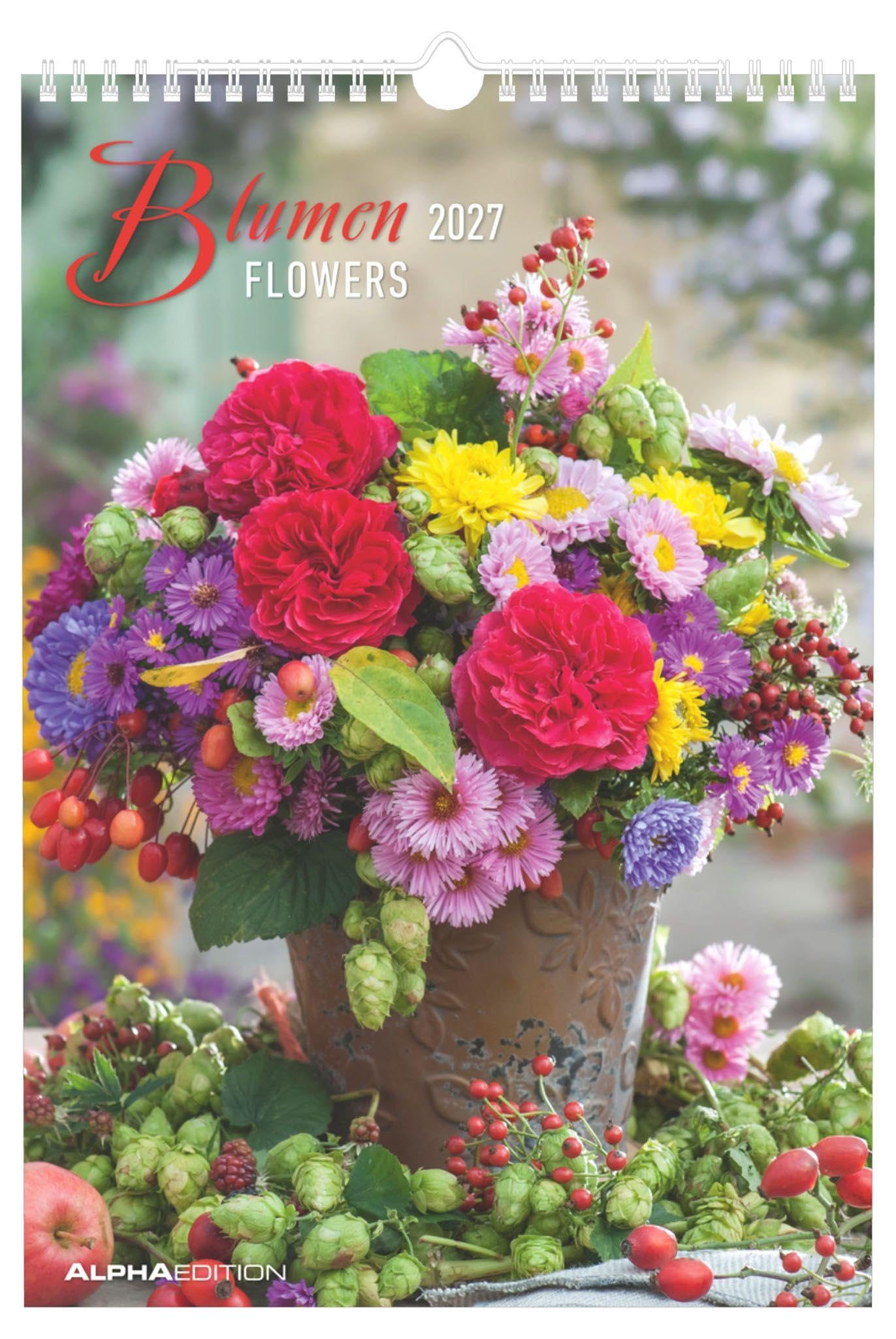 Blumen 2027: Wandkalender 23,7x34 cm mit 12 Blumenarrangements, 4-sprachigem Kalendarium und Platz für Notizen