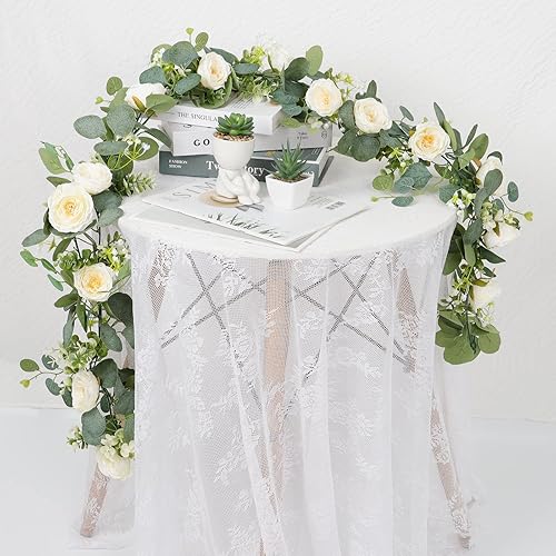 Miniatura 7 de TOCHGREEN Paquete de 2 guirnaldas de flores artificiales de eucalipto de 13 pies con rosas blancas, guirnalda de flores de rosas falsas, enredaderas