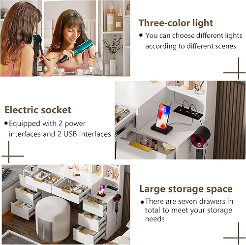 Miniatura 6 de Escritorio grande de maquillaje con espejo iluminado y toma de corriente, tocador con 3 modos de iluminación ajustable, cajones, estantes, soporte