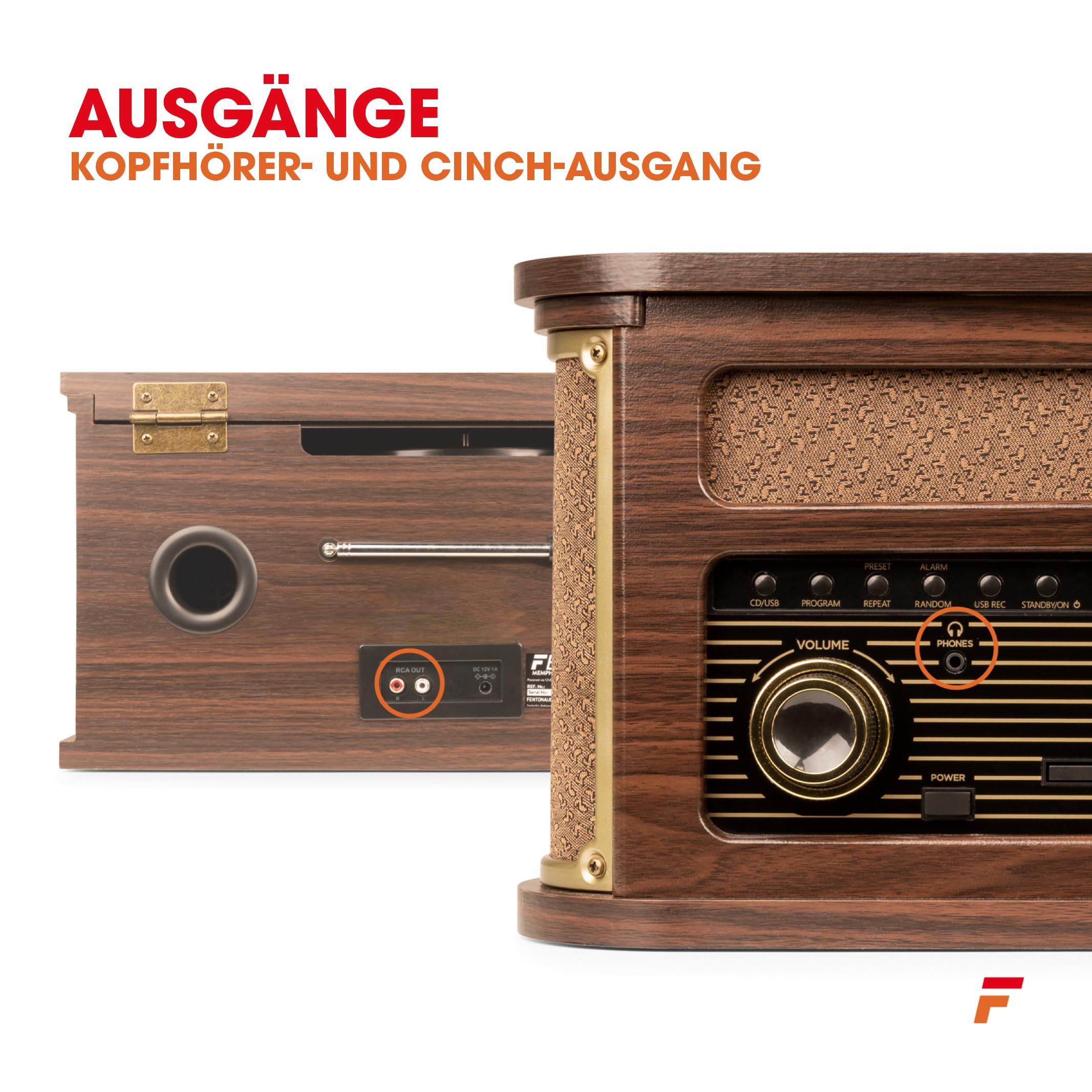 Fenton Memphis, Kompaktanlage mit Plattenspieler Retro, DAB+ Radio, MP3, CD | Retro Schallplattenspieler mit DAB Radio, Bluetooth, Kassettenpieler, USB, Dunkelbraun, FM, Vinyl Player, Kassettenspieler