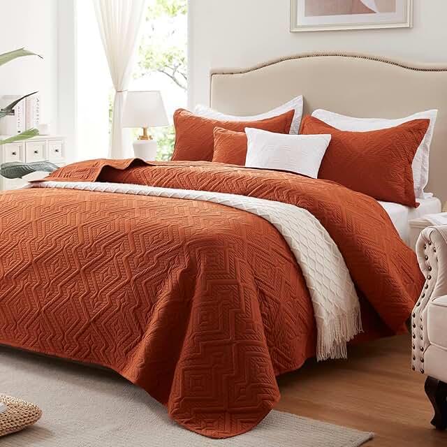 LEAONME Full/Queen Quilt Set 3 Pieces, Lightweight Burnt Orange/Rust Bed...