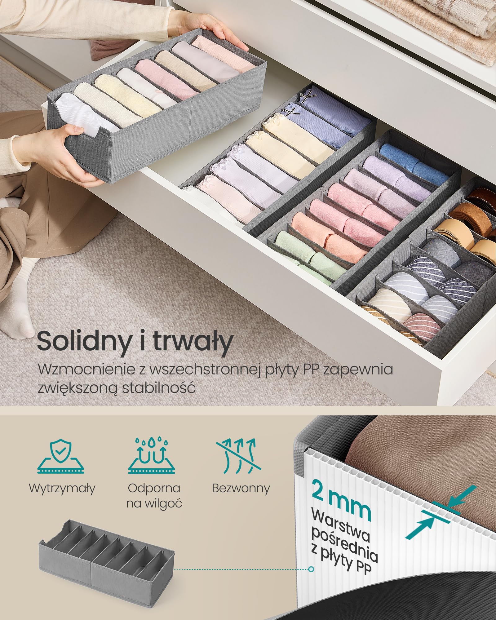 SONGMICS Zestaw 4 organizerów na bieliznę, organizer do szuflady do komód IKEA HEMNES i MALM, z przegródkami, składany organizer do szafy, 40 x 16 x 10 cm na skarpetki, gołębi szary RUS014G01