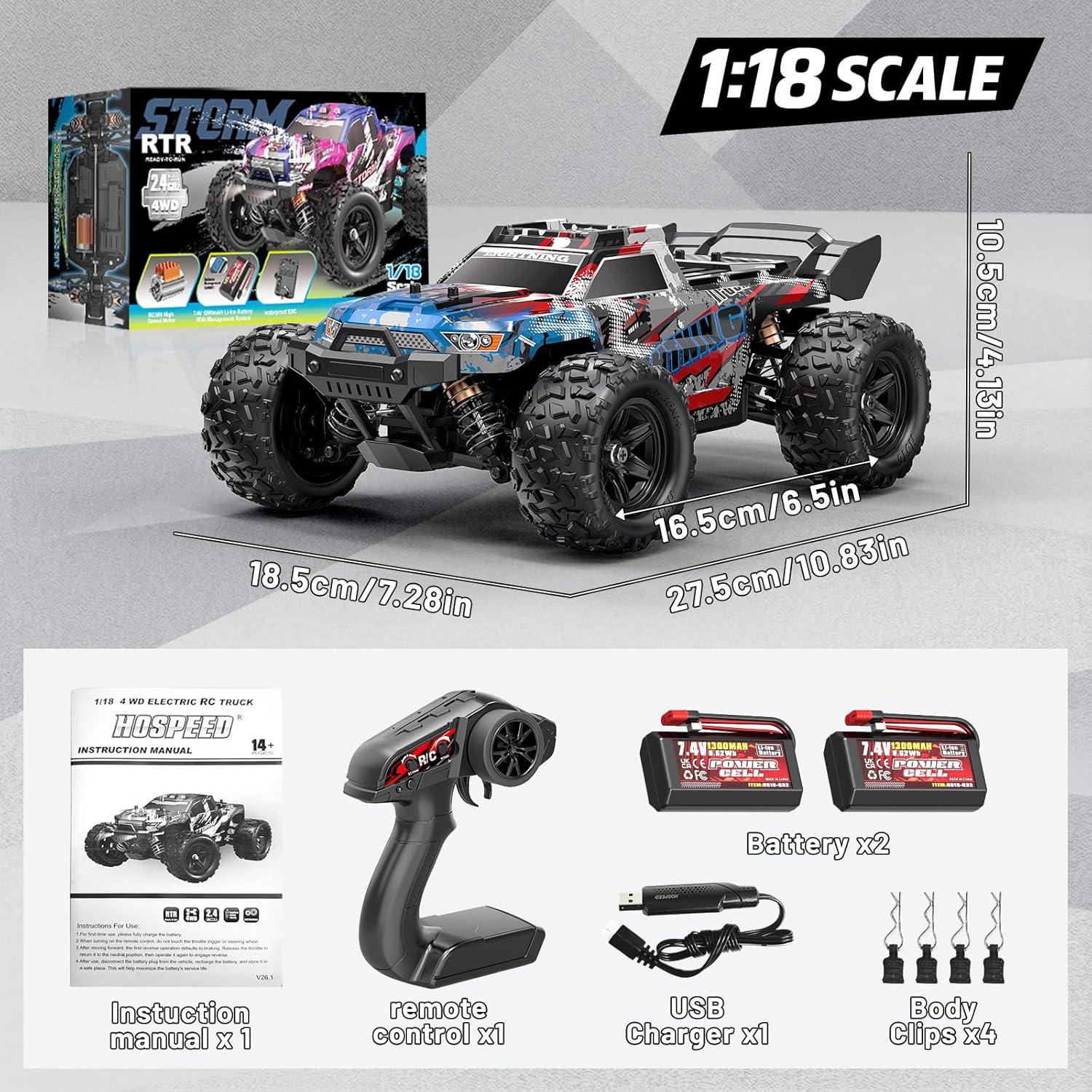 RC Cars 1:18 All-Terrain Off-Road RC Truck for Adults, 4WD 4×4 Fast Remote Control Car, High Speed 36 KM/H Monster Truck, Dual 7.4V 1300mAh Batteries, Metal Drive System, RTR Hobby RC Vehicle