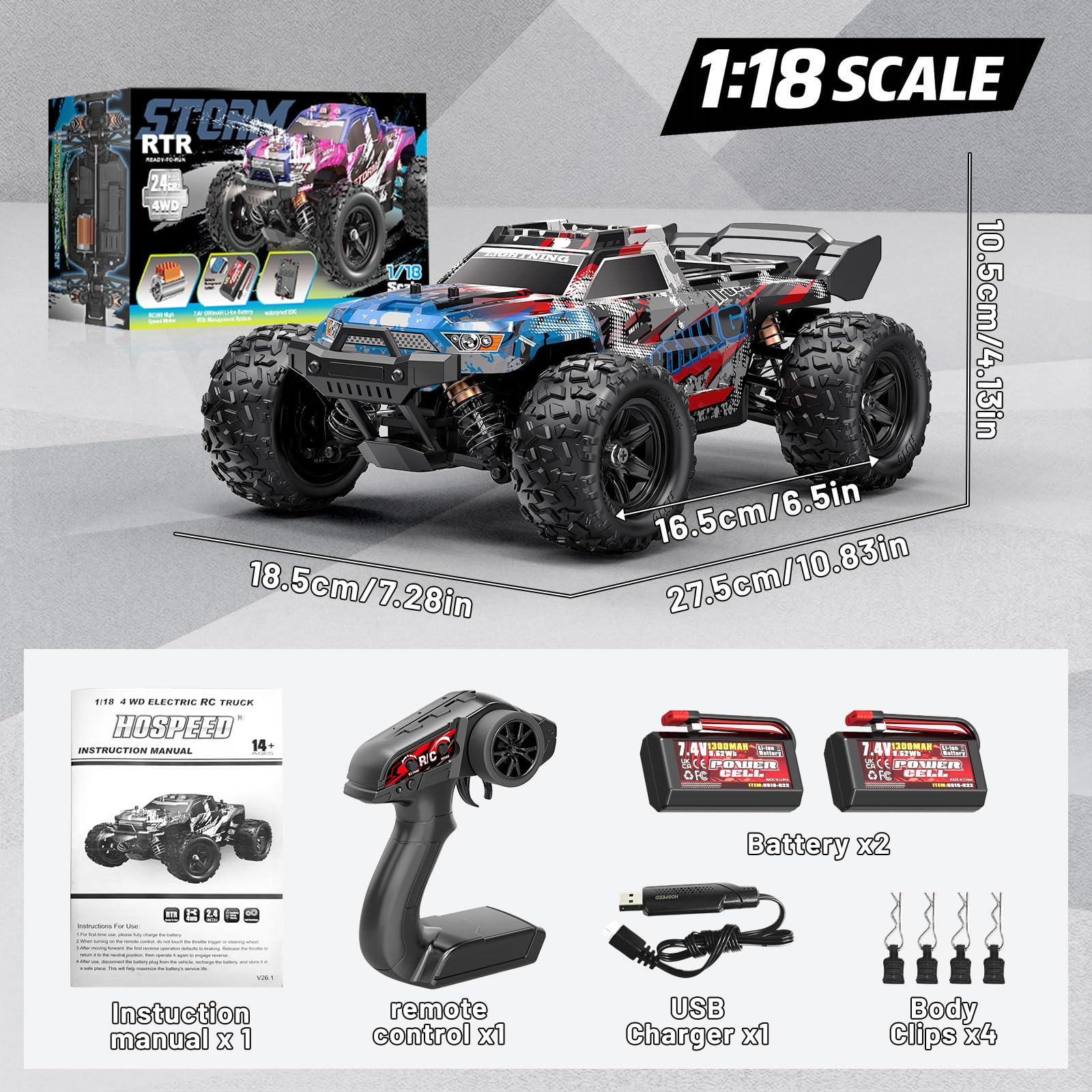 Macchina Telecomandata Professionale 1:18 4WD 36 km/h, Auto Telecomandata 4x4 Off Road All Terrain,rc car Motore RC380, Trasmissione Interamente in Metallo, 2×7,4V 1300mAh, Controllo 2.4GHz