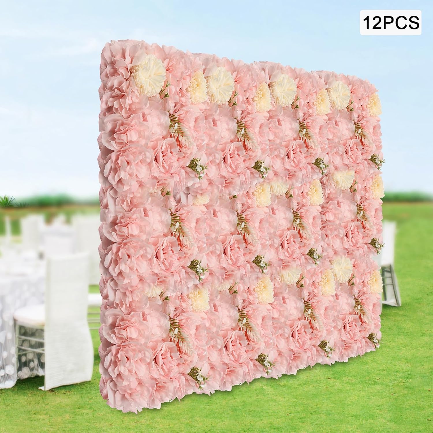 12Pcs Artificial Flower Wall Panel,3D 15" X 15" Silk Rose Mat Artificial Flower Wall,Decorative Backdrop Flower Panels Wall for Wedding Party Stage Baby Shower Decor (Pink,Champagne)