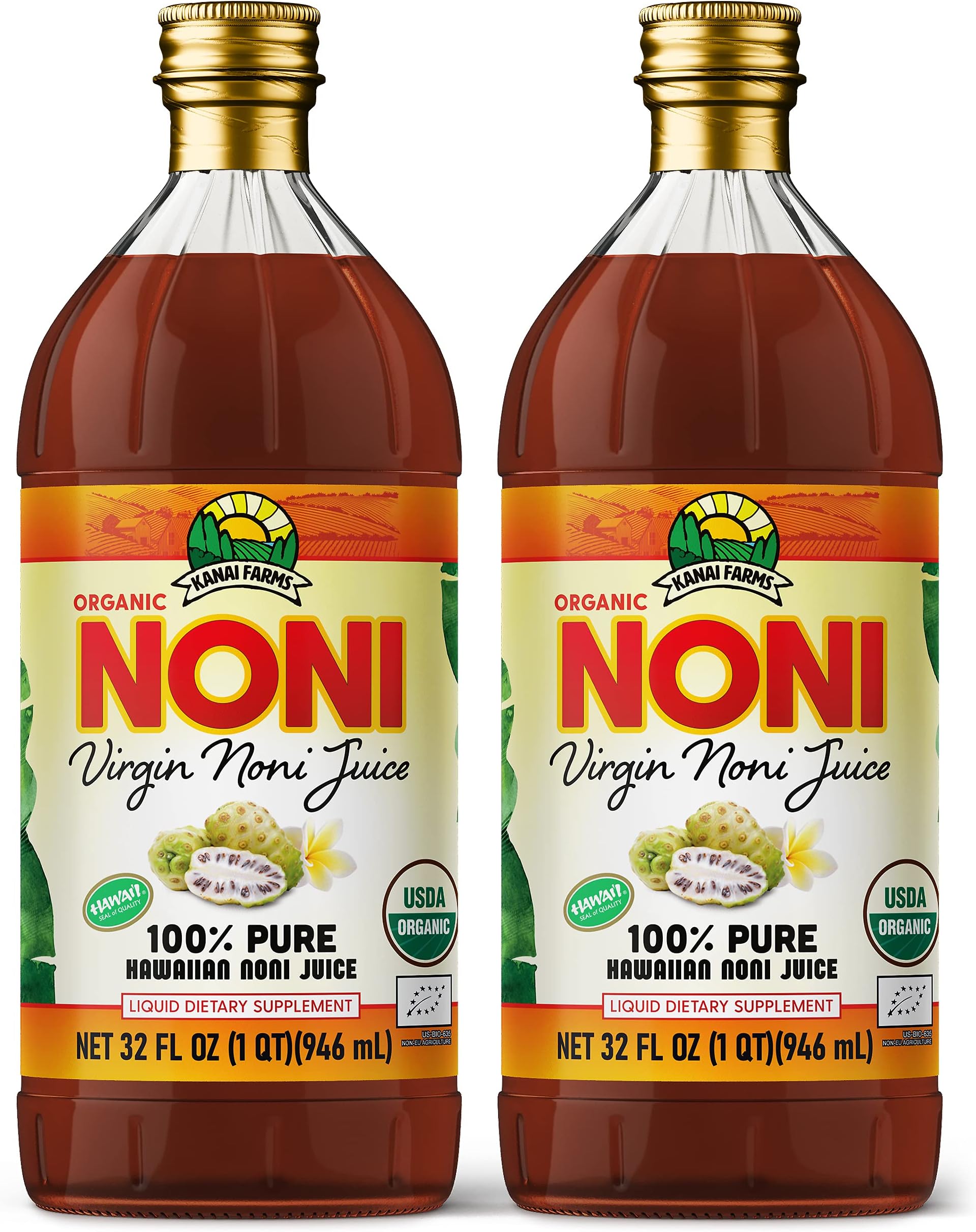 Virgin Noni Juice - 100% Pure Organic Hawaiian Noni Juice - 2 Pack of 32oz Glass Bottles