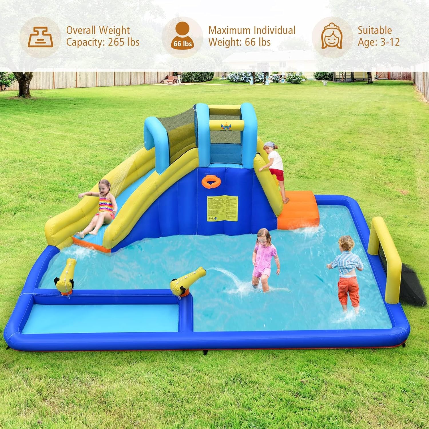 OLAKIDS Inflatable Water Slide, Bouncing Park House with Slide, Pool, 2 Water Guns, Climbing Wall, Bouncer Castle Outdoor with Hose, Carry Bag, Repaired Kit, Stakes, Balls (with Air Blower)