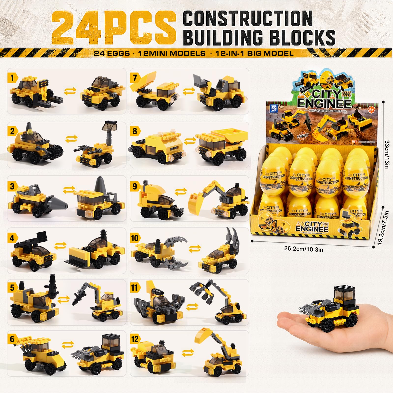 Cleboen Mini Mattoncini Veicoli 24 Pz, Gioco Di Costruzione 12 In 1, 6+ | Set Mini Blocchi Veicoli Da Cantiere Per Bambini, 24 Pezzi Con Modelli 12 In 1, Idea Regalo Festa 6+