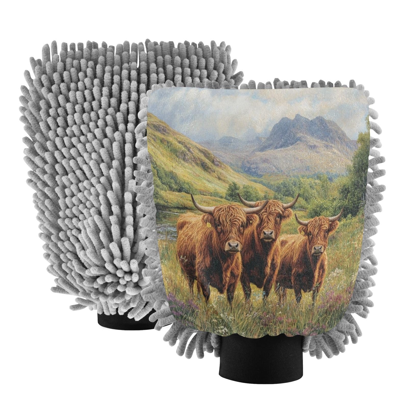 Flradish 2 Pack Highland Cow Car Wash Mitt Chenille Microfiber Lint-Free Scratch Free Ultra-Soft Absorbent Car Wash Mitt 10.2x7.09 Inch