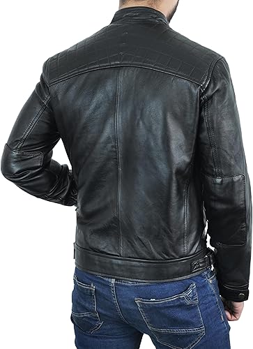 Vista 5 de Chaqueta de cuero para hombre - Chaqueta de cuero estilo moto con hombros acolchados de piel de cordero real