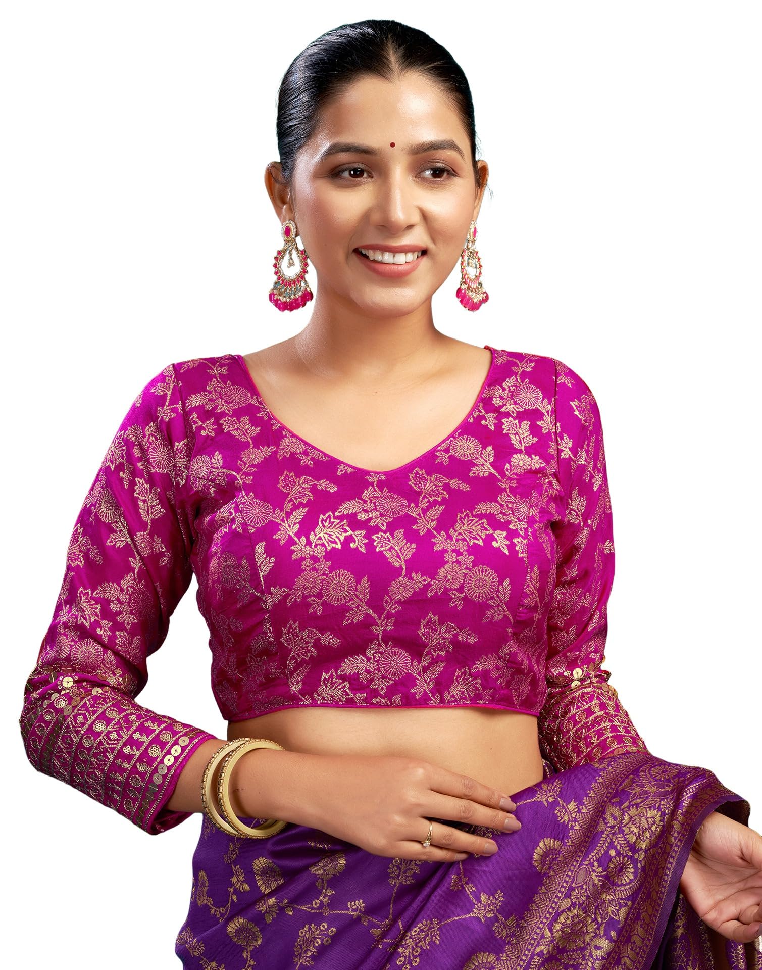 SIRIL Readymade Saree Blouse for Women | Silk Blend Sequence Embroidery 3/4 Sleeve Blouse | Stitched Padded Blouse