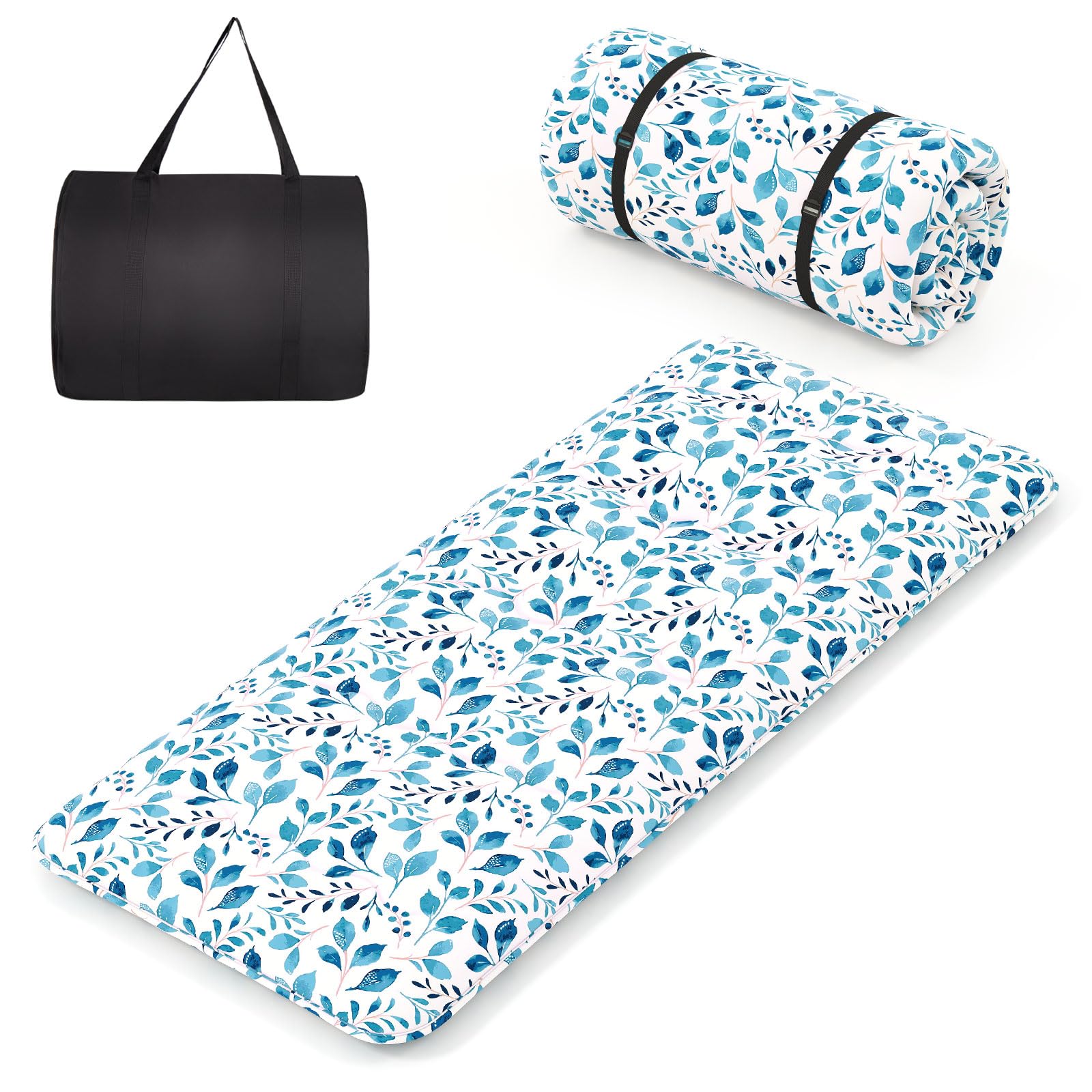 COSTWAY Matelas Futon Portable Pliable, Matelas Futon Japonais 90 x 200 cm, Housse Lavable, Matelas de Sol avec Sac de Transport, pour Le Camping, Les Voyages, d'Invités, Feuilles Bleu