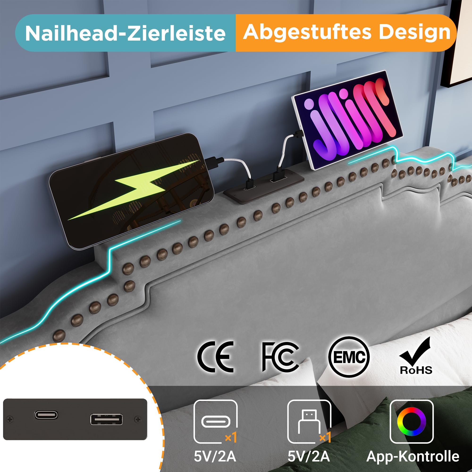 Merax Polsterbett 180x200cm Doppelbett Bettrahmen mit 4 Schublade, Gepolstertes Bett mit LED & USB-C-Ladeanschluss, Stauraumbett Funktionsbett mit Lattenrost, Samt, Retro-Stil, ohne Matratze, Grau