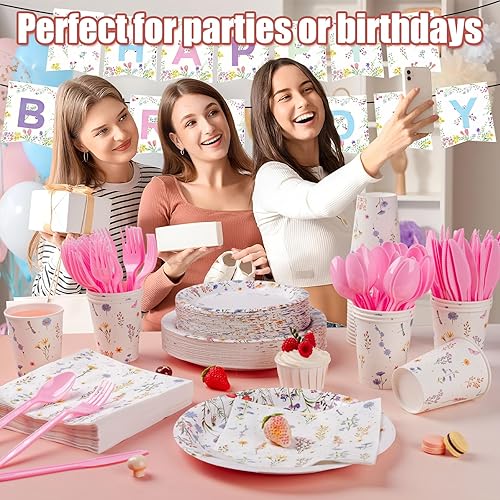 Miniatura 6 de 353 piezas de decoraciones de fiesta de flores silvestres para 50 invitados, juegos de platos y servilletas florales de primavera, suministros que