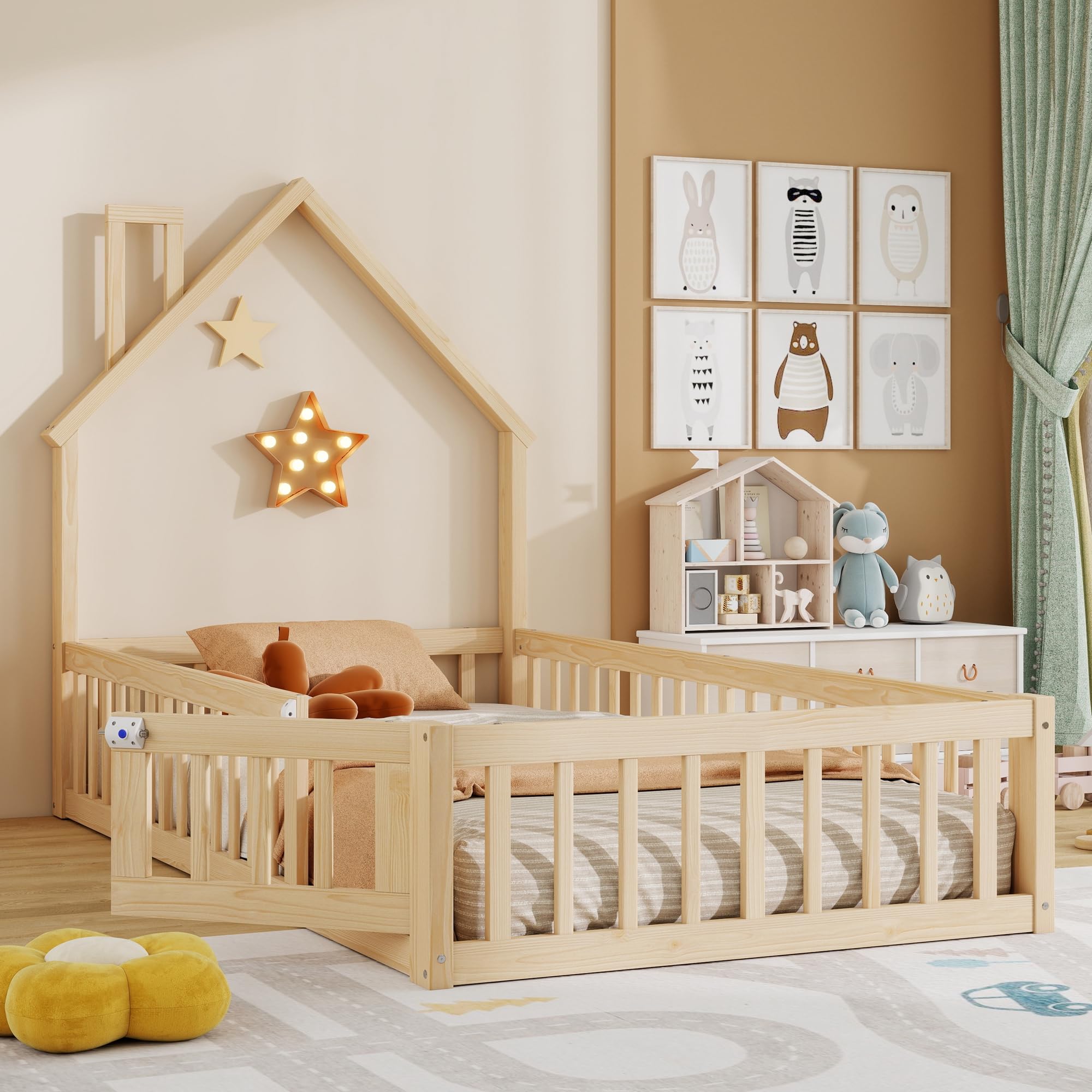LAKFEW Cama Montessori Infantil 90x200 cm con Barandilla y Diseño de Chimenea, Cuna Cama Bebe Niño Niña con Listones de Madera, Cama Suelo Criança Individual, Natural, Sin Colchón