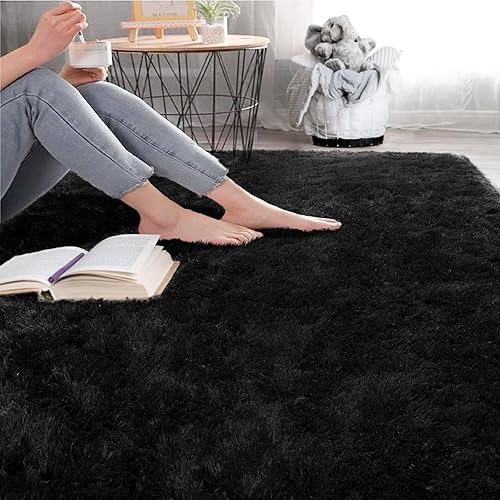 Miniatura 6 de Vasofe Alfombra negra esponjosa de 7 x 10 pies, alfombra de dormitorio peluda, alfombra grande y mullida para sala de estar, alfombra de guardería