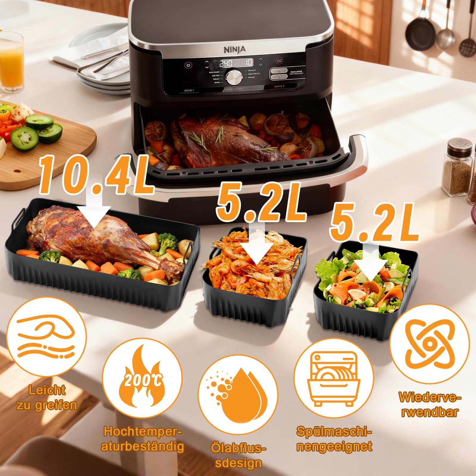 Hunnycook 17P Airfryer akcesoria do frytkownicy beztłuszczowej Ninja AF500EU, w zestawie 1 × 10,4 l + 2 × 5,2 l Airfryer silikonowa forma, forma do ciasta, kosz do smażenia, szczypce i inne, zestaw