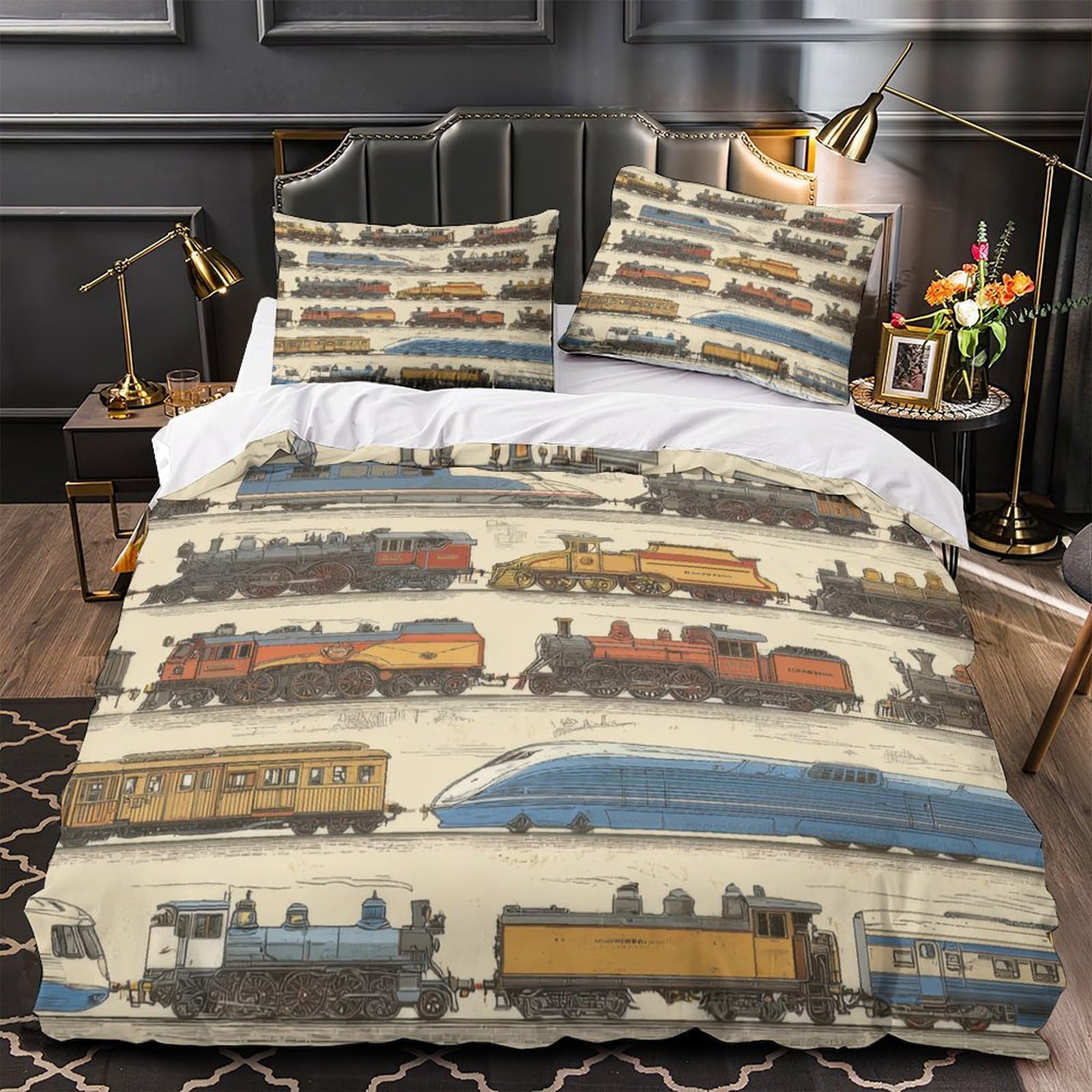 Housse de couette locomotive classique 3D pour une chambre de couple au style vintage unique