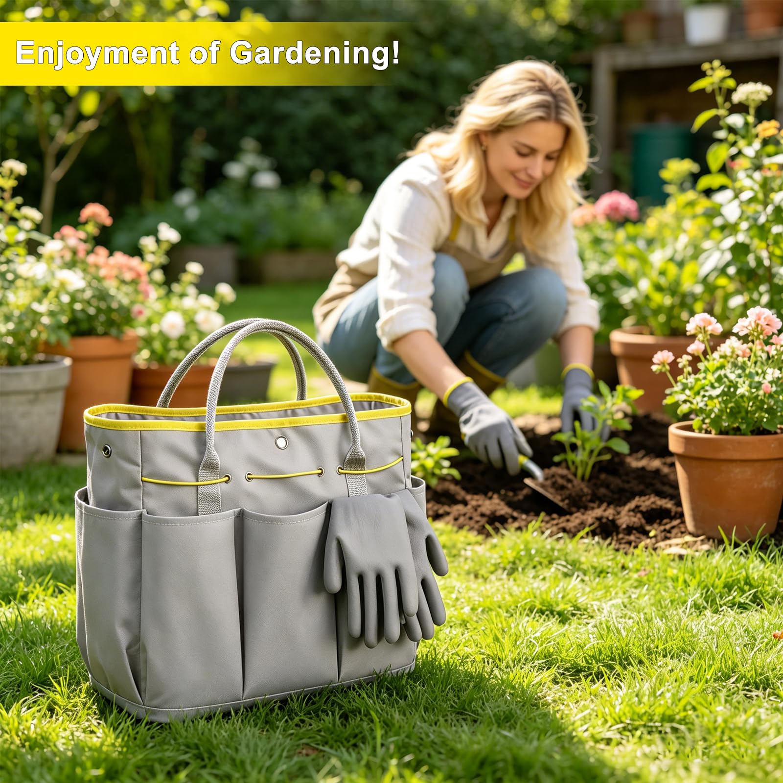 Carsolt - Set di attrezzi da giardino, 10 pezzi, in acciaio inox, resistente, per scavare, piantare, potare, giardinaggio, kit con borsa resistente, guanti in confezione regalo