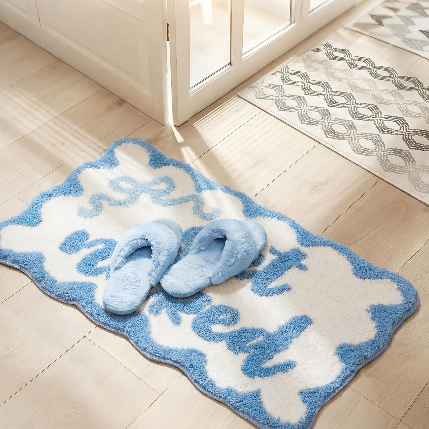 Boao Get Naked Scalloped Bath Mat Blue Bow Bathroom Rug 20 x 32 Inch Absorbent Non Slip Plush Tufted Spring Rug Cute Preppy Aesthetic Bathroom Decor for Bath Tub Floor Carpet Sink Shower