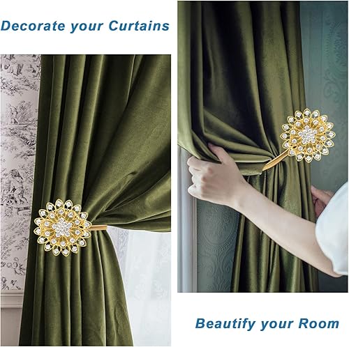 Miniatura 6 de Alzapaños magnéticos de cristal, paquete de 2 soportes para hebilla de cortina de cristal, alzapaños de cortina de flores brillantes con cuerda de