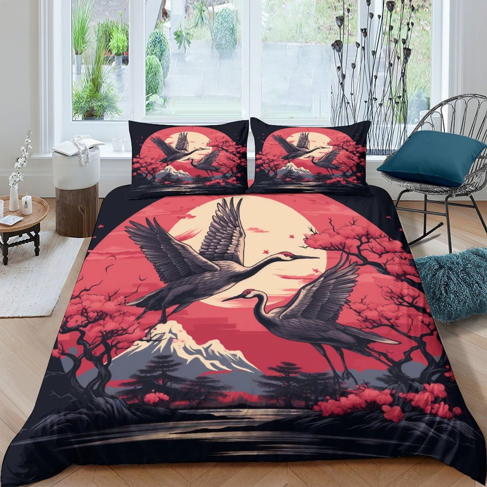 Housse de couette grue japonaise 3D parure de lit 220x240 king microclimat avec taies d'oreiller
