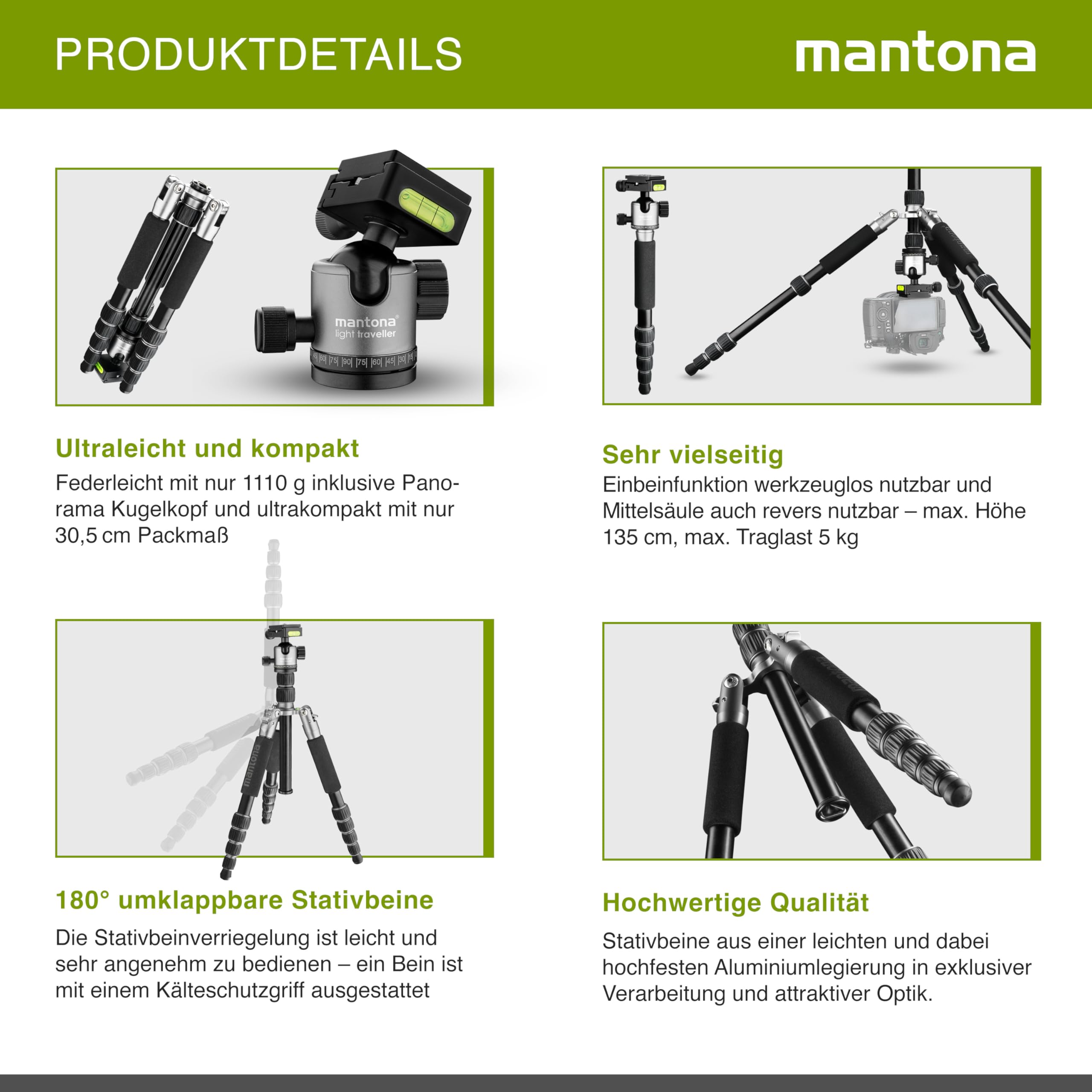 mantona Statyw podróżny Light Traveller, stabilne aluminium, lekki statyw do aparatu, głowica kulowa + płyta wymienna (kompatybilna z Arca Swiss), panorama 360°, statyw fotograficzny jako tripod i