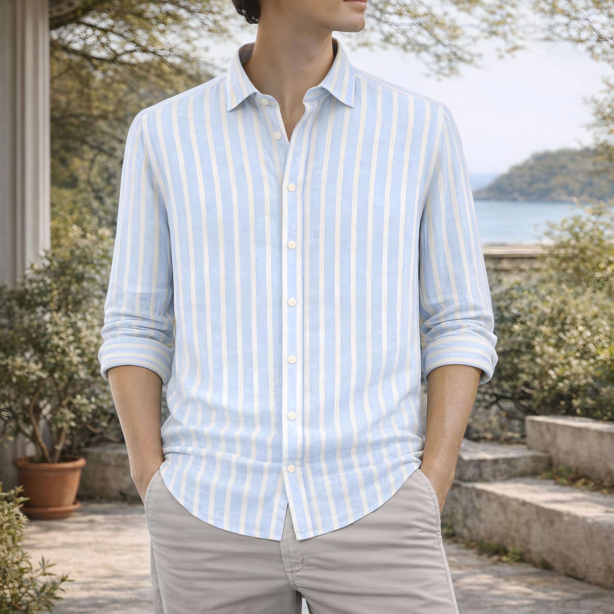 Camisa de Rayas para Hombre, 100% Lino, Manga Larga, Ajuste Regular/Slim Fit, Estilo Casual y Elegante, Transpirable para Verano.
