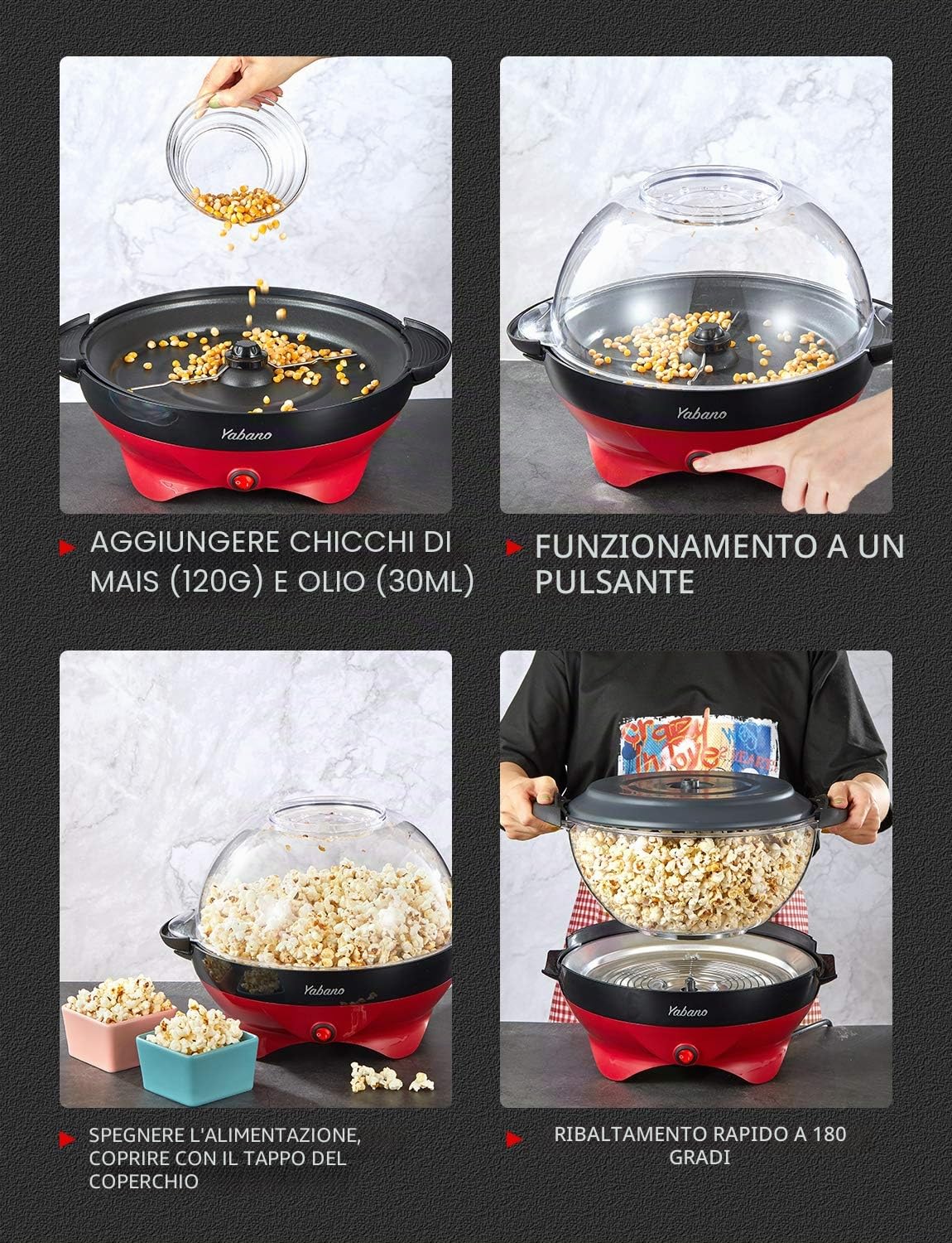 Yabano Macchina Popcorn, 5L Macchina per Pop Corn con Rivestimento con Antiaderente, Staccabile, Impugnature Fredde, 800 W, Senza BPA, Rosso