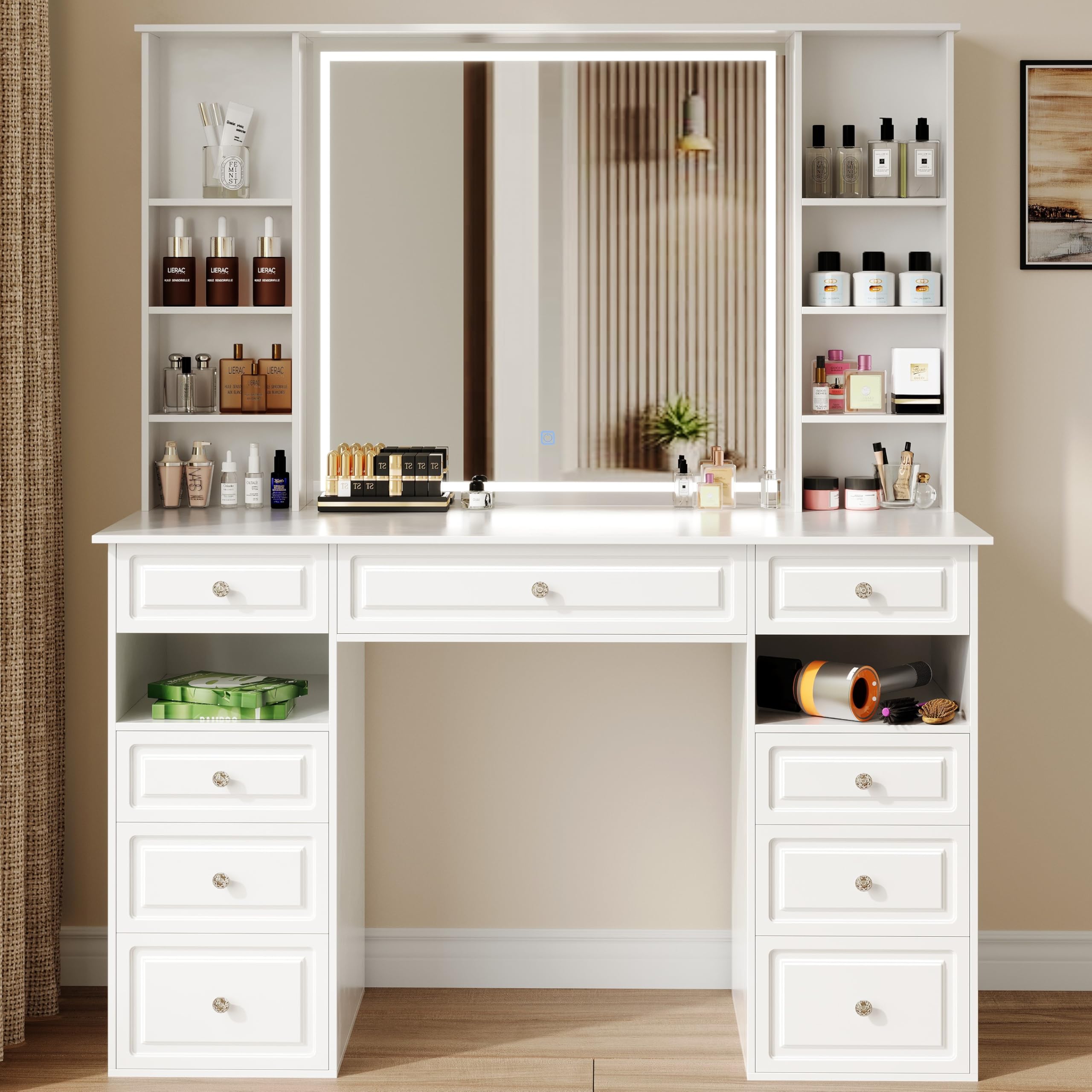 Wildhome Makeup Vanity Desk with Mirror and Lights, 47" Large Vanity Table with 9 Drawers & 10 Open Storage Shelves, Brightness Adjustable, Dressing