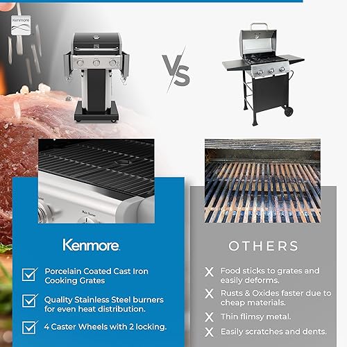 Miniatura 5 de Kenmore Parrilla de barbacoa de propano de 3 quemadores, parrilla de gas de 30,000 BTU con rejillas de cocción de hierro fundido, mesas laterales y