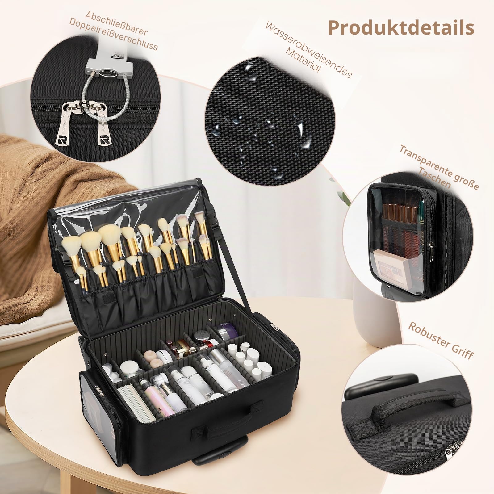 Große Kosmetikkoffer Trolley, Professionelle Beauty Case with 4 Klein Kosmetiktasche, Reise Schminkkoffer für Kosmetik Speicher Organizer, Tragbare Friseurkoffer Rolling Make Up Koffer (FZ241002-1)