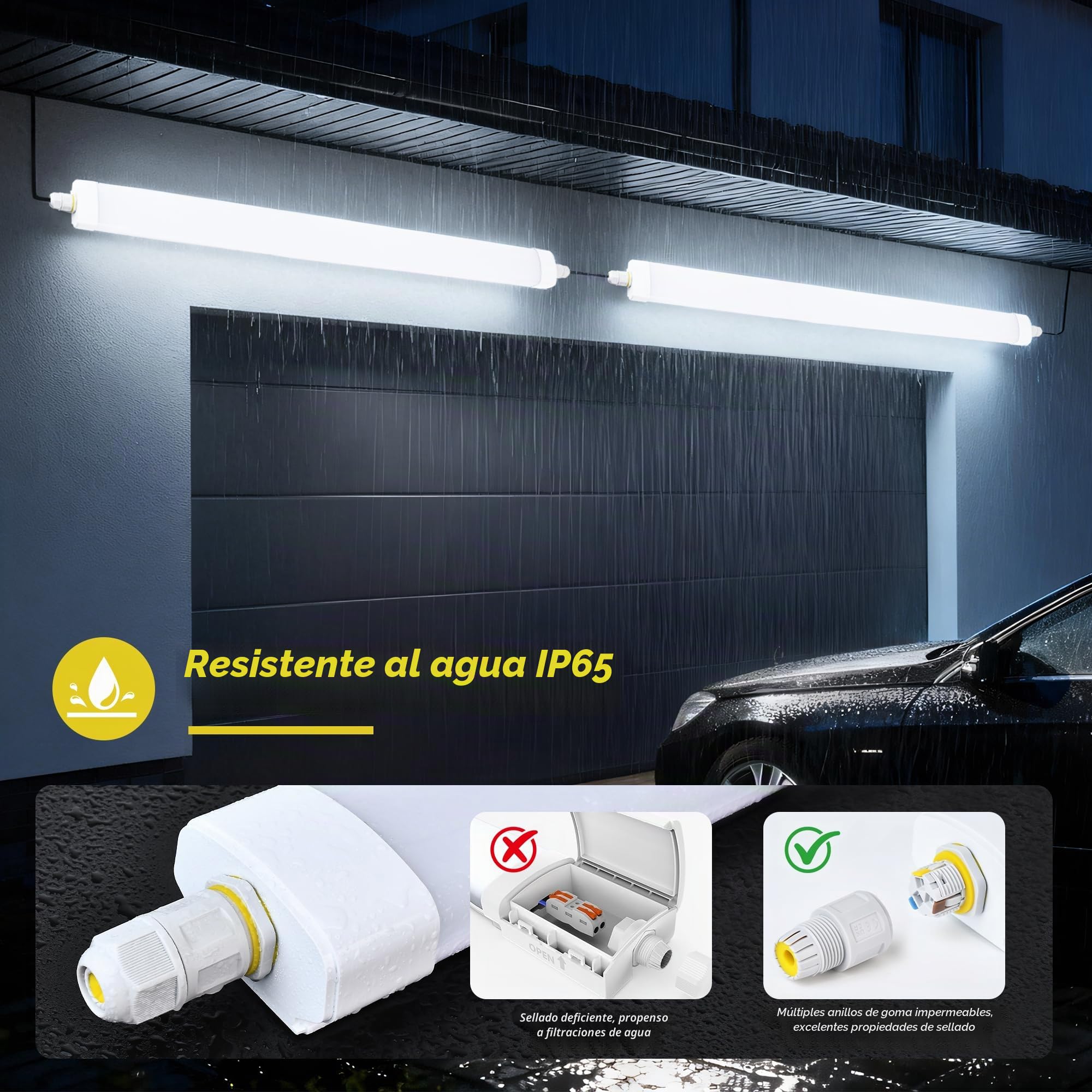 GeyouLux Fluorescente LED 150cm Plafon, 60W 7560lm 5000K IP65 Estanca Tubo, Sin Parpadeos Pantalla LED, Con Cable de Puesta a Tierra y Conexión en Serie, 240 LEDs para Taller Garaje Cocina, Blanco