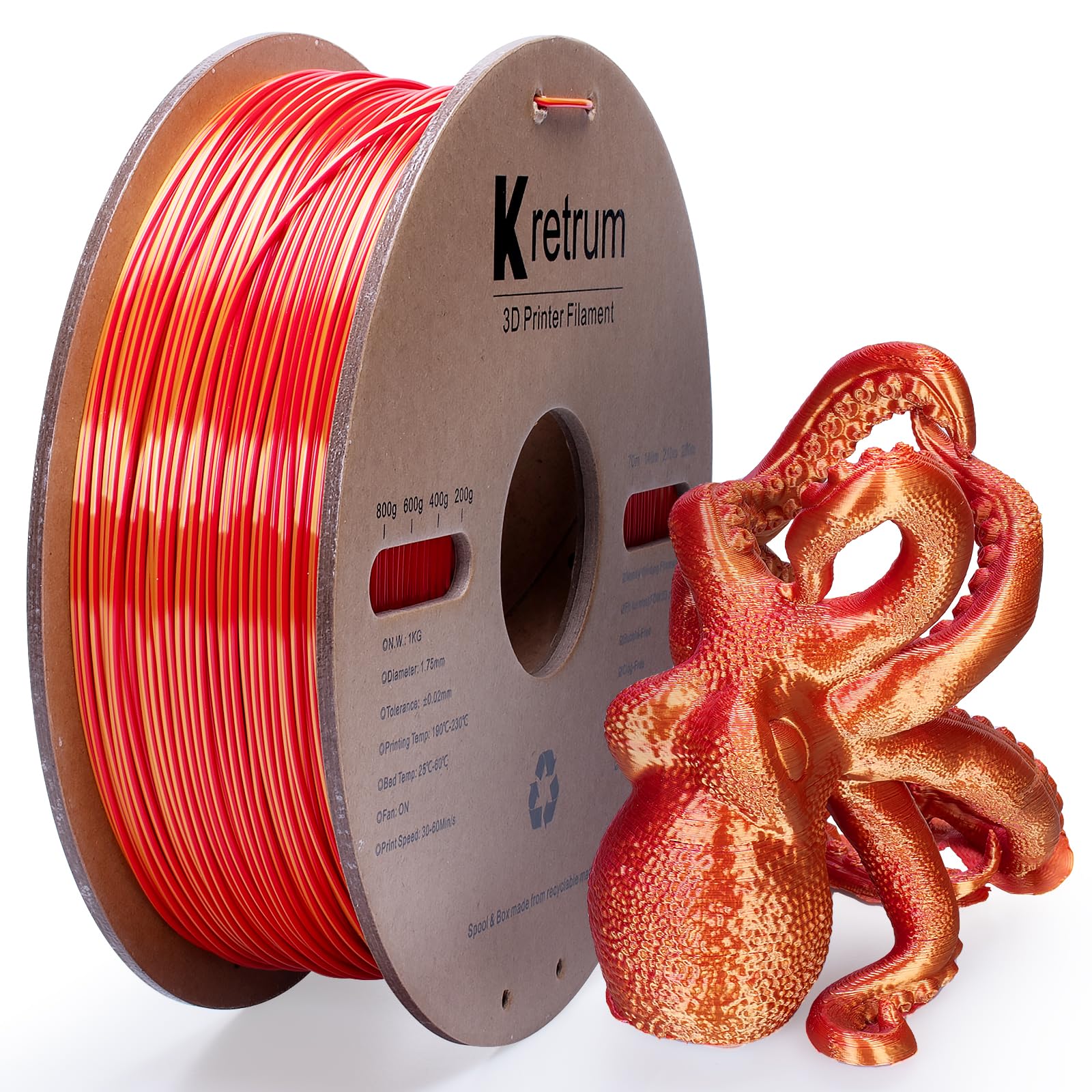 Silk PLA Dual Color 3D Printer Filament Color Changing 1.75mm Silk PLA Printer Filament 1.75mm Multicolor 1kg /2.2lbs Spool Red & Gold