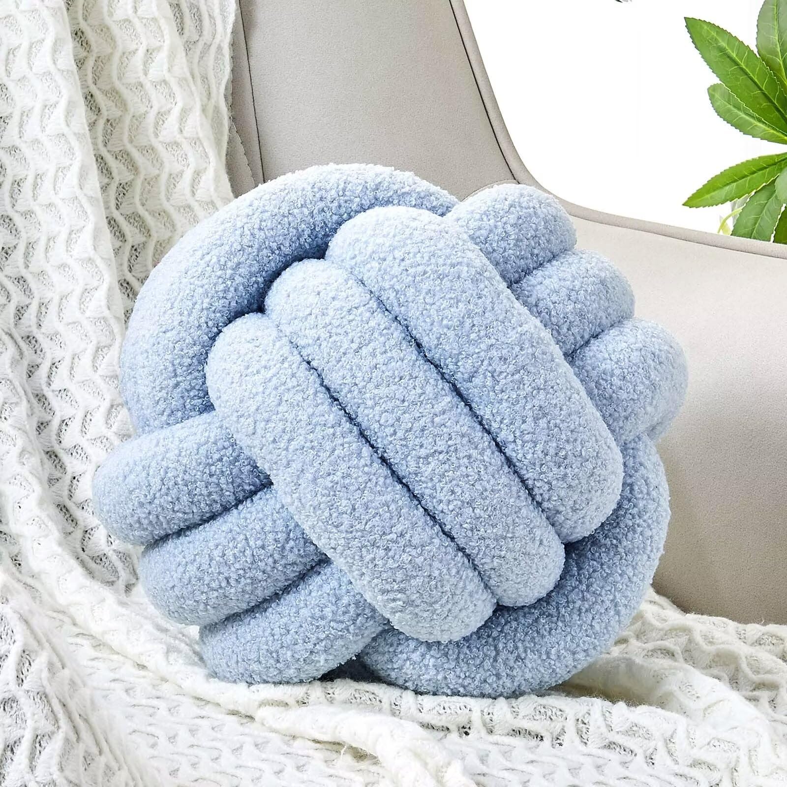 Uvvyui Knot Pillow Ball, Soft Home Decorative Round Throw Pillow, Handmade Knotted Plush Pillow, Round Boucle Pillow Cushion (8.6 Inches Blue)