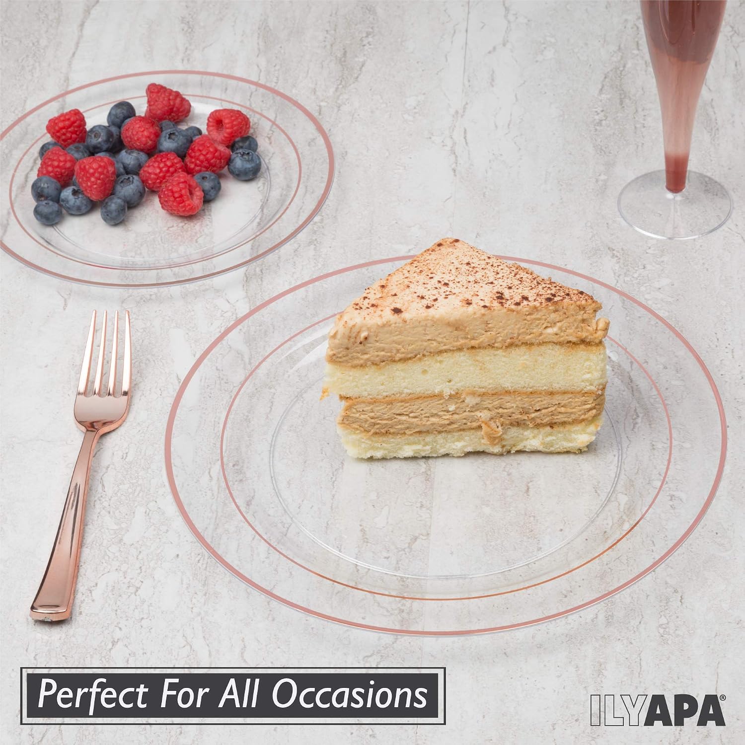 60 Rose Gold Rim Plastic Plates Set - Bulk Clear, Rose Gold Rimmed Dinner & Salad Disposable Plates for Wedding or Party