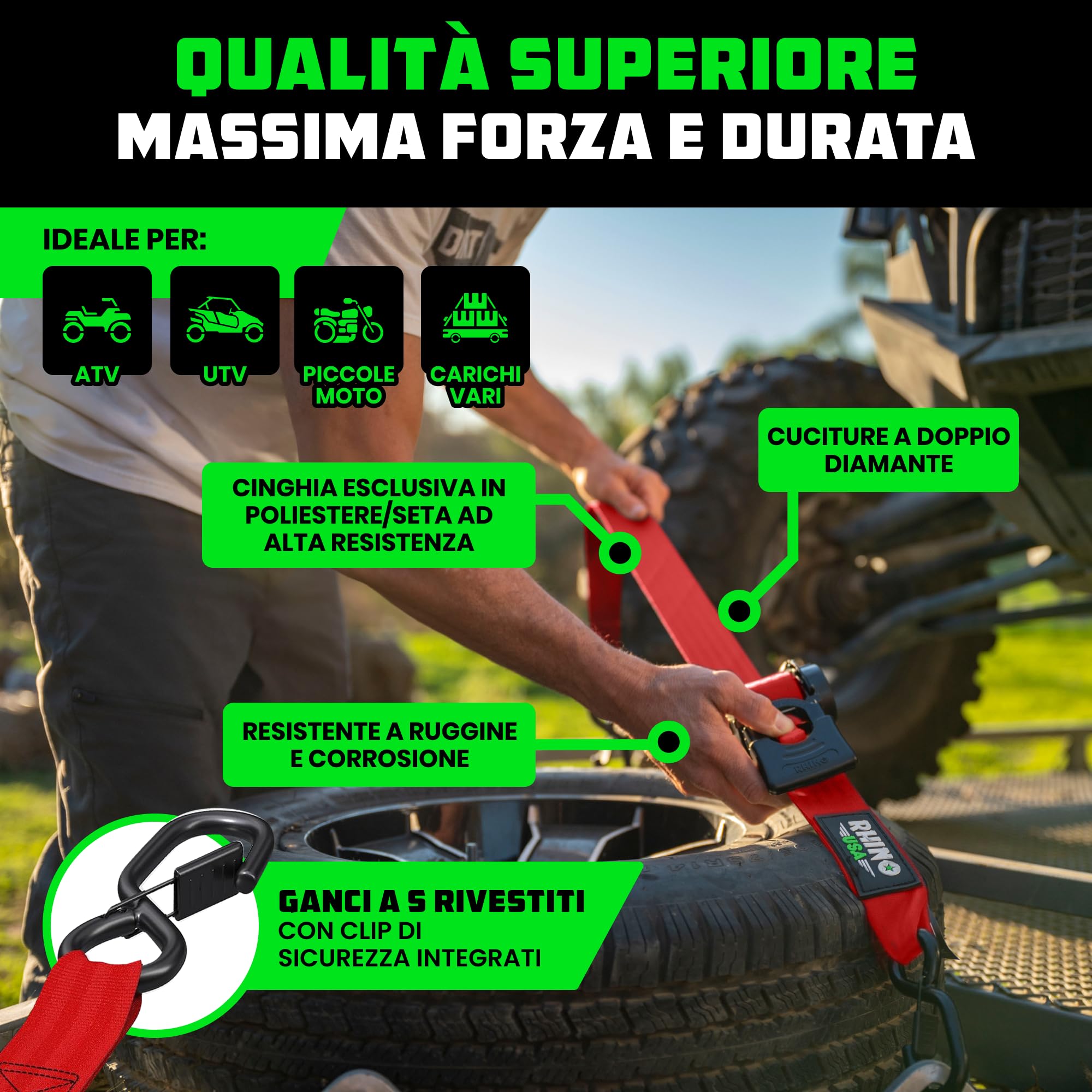 Rhino USA Cinghie di tensione retrattili con cricchetto da (confezione da 2) -1360 kg di carico di rottura, incluse (2) automatiche ultimate da 5.0 cm x 3 m con maniglie imbottite - Rossa